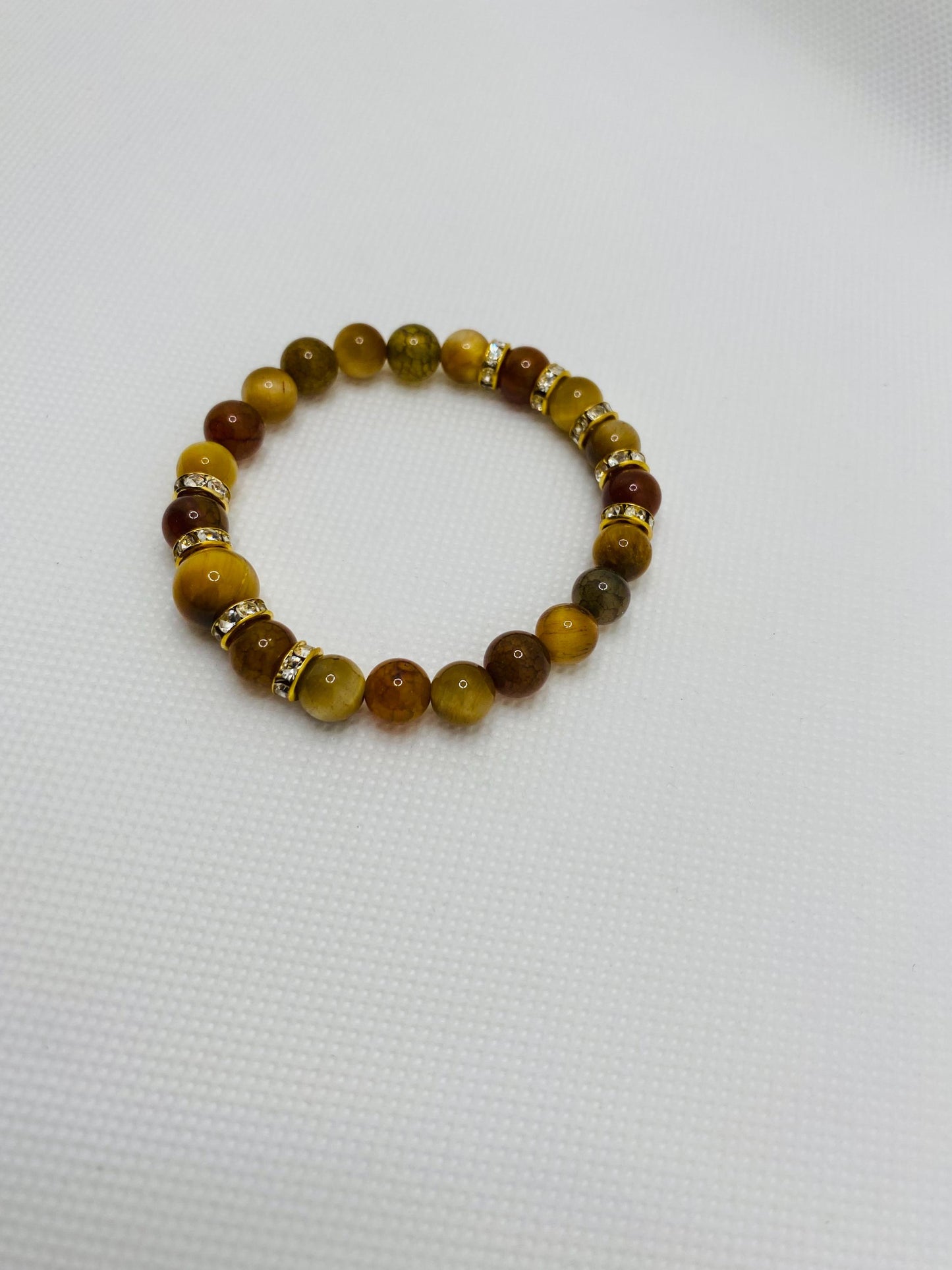 Tigers Eye & Agate Beaded Bracelet: Gold Rhinestone Spacers