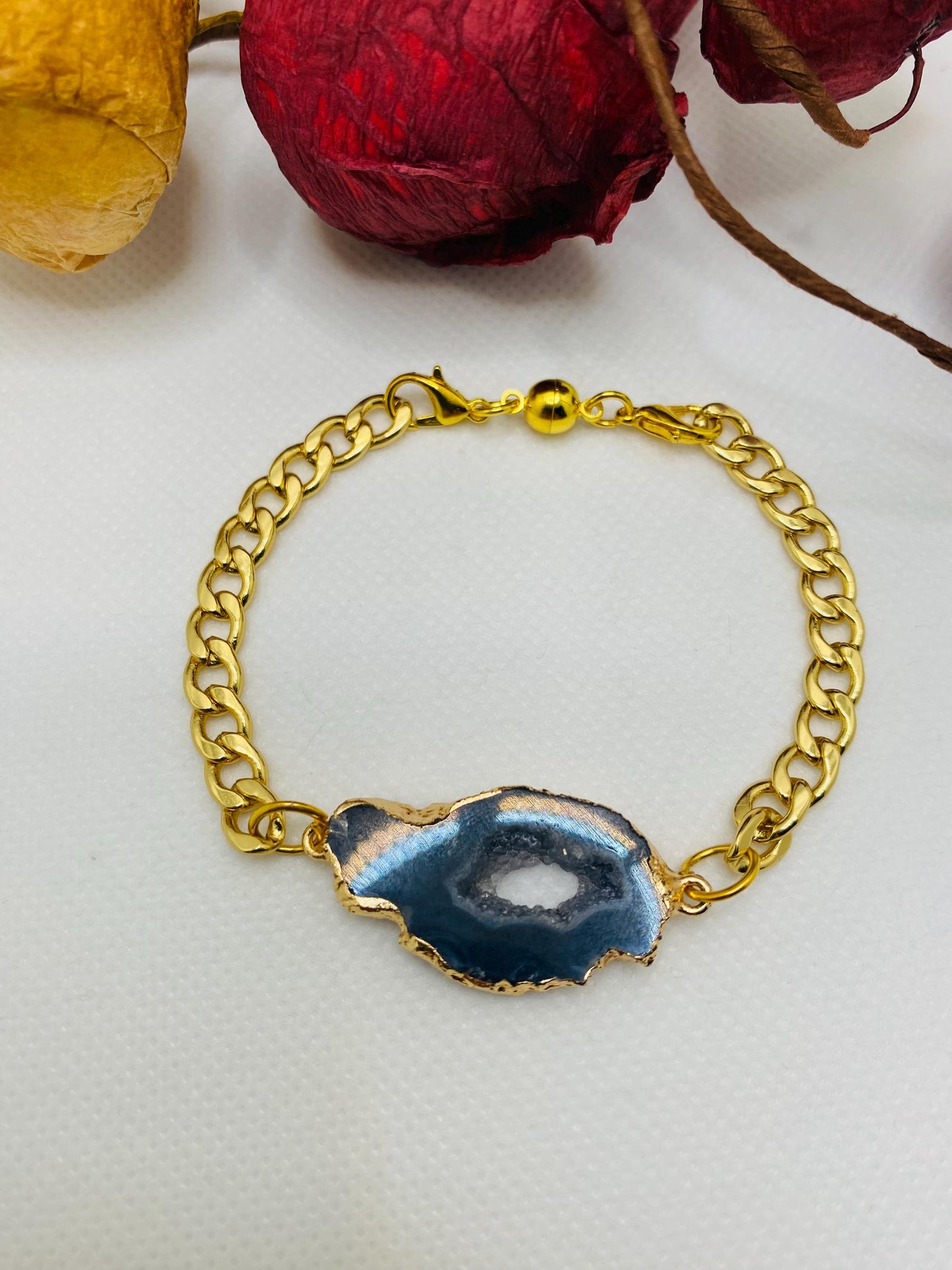 Gold Plated Cuban Link Bracelet: Agate Geode & Magnetic Clasp