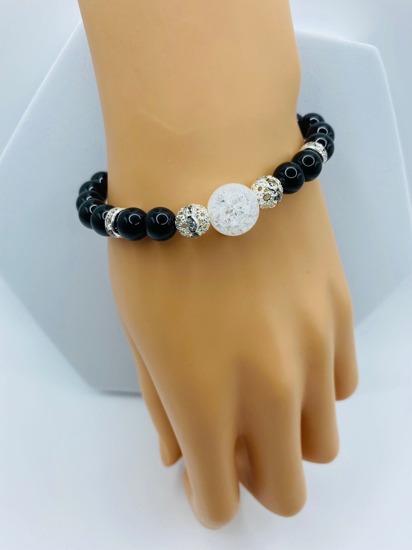 Handmade Black Onyx Bracelet: Crackle Quartz Crystal, Silver Accents
