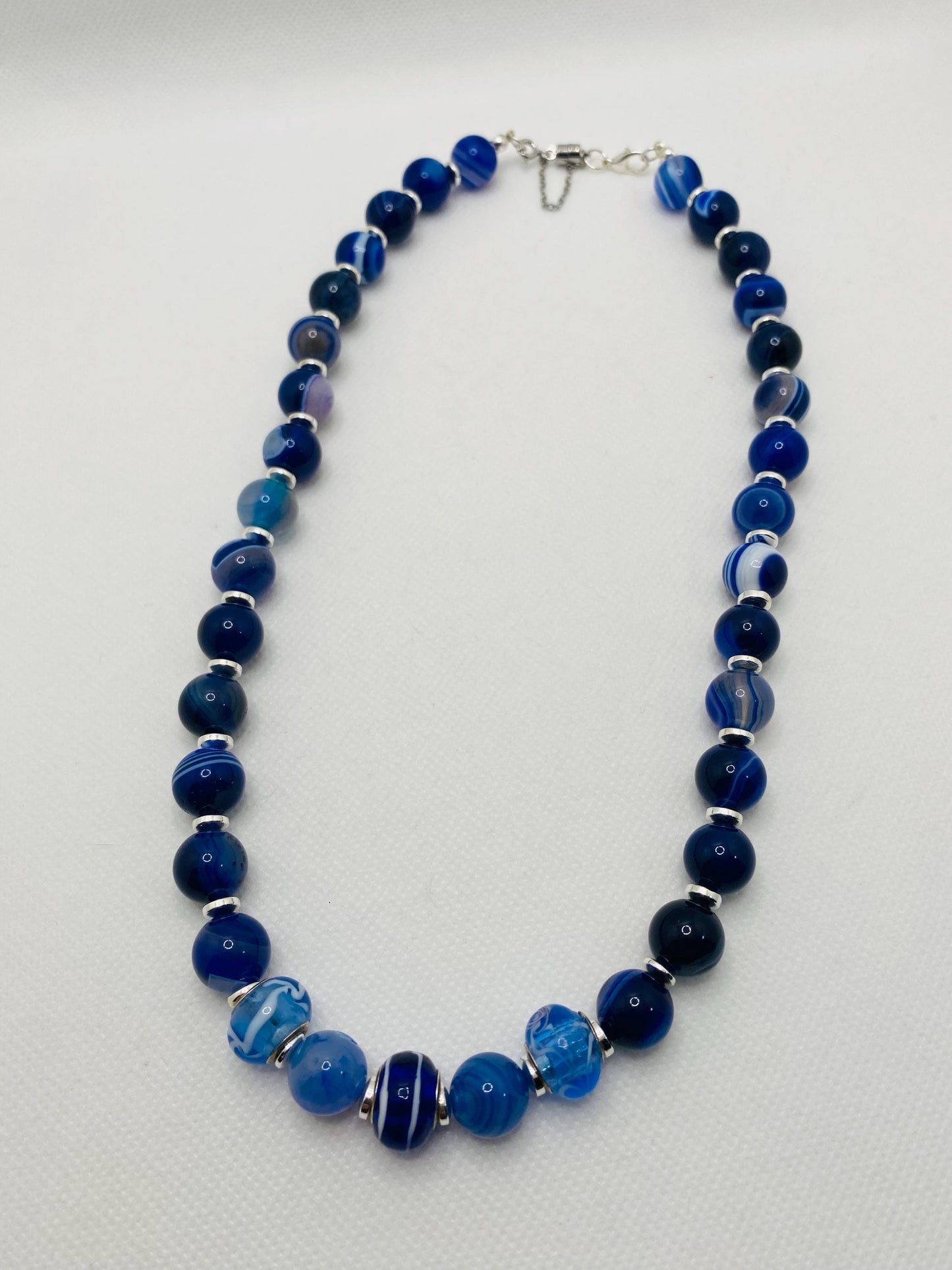 Blue Lace Agate Gemstone Necklace: Silverplated Hematite Rondelle Spacers