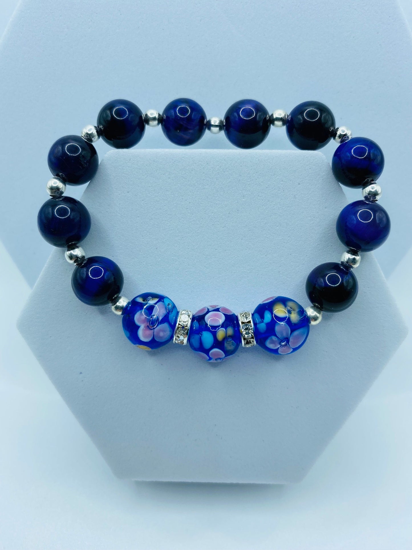 Blue Floral Lampwork Glass Bead Bracelet: Tigers Eye & Hematite