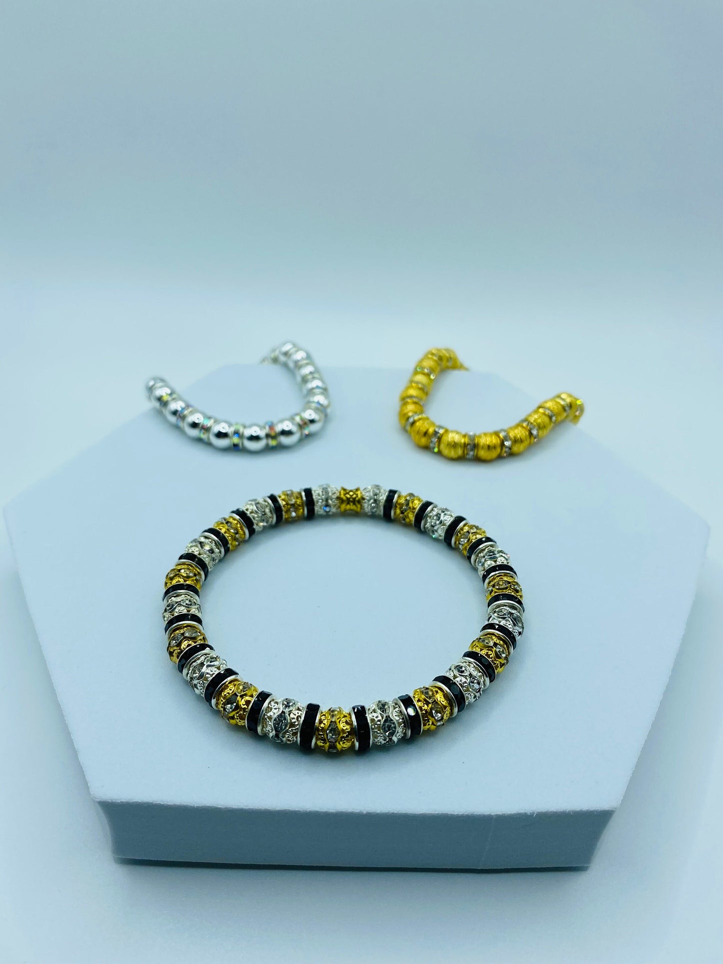 Mens Rhinestone Bracelet: Gold & Silver Plated CZ Beads