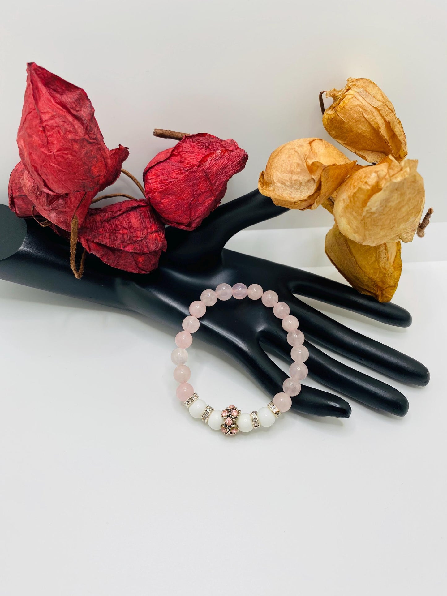 Rose Quartz Charm Bracelet: Agate Beads, Silver Rhinestone Charm