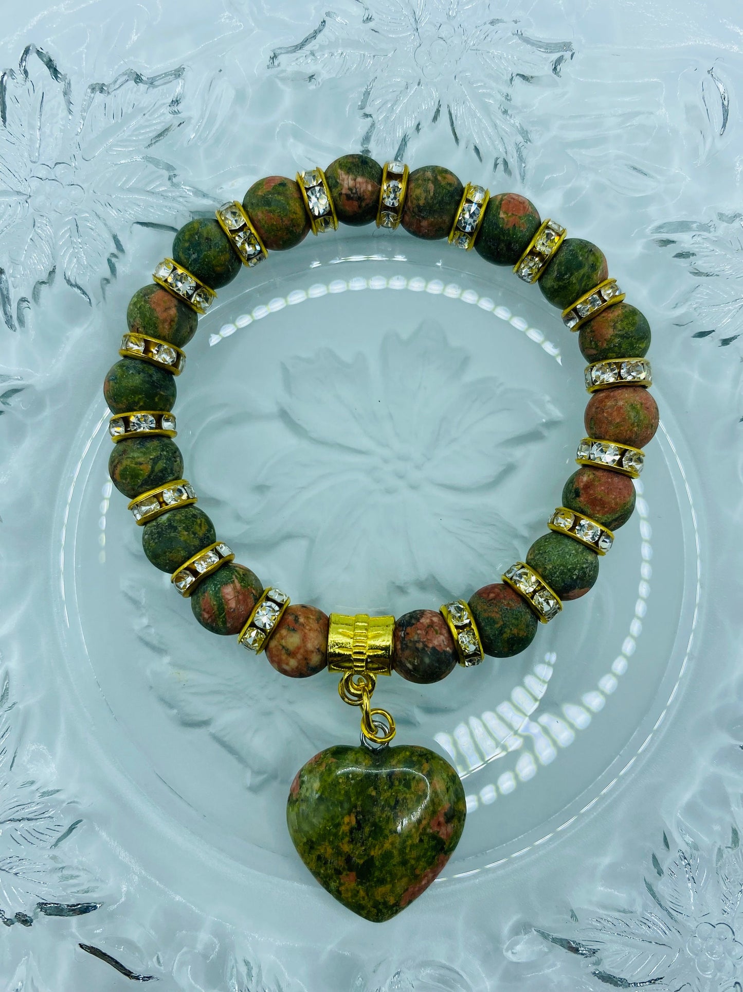 Unakite Heart Charm Bracelet: Gemstone Beads, 18k Gold Accents