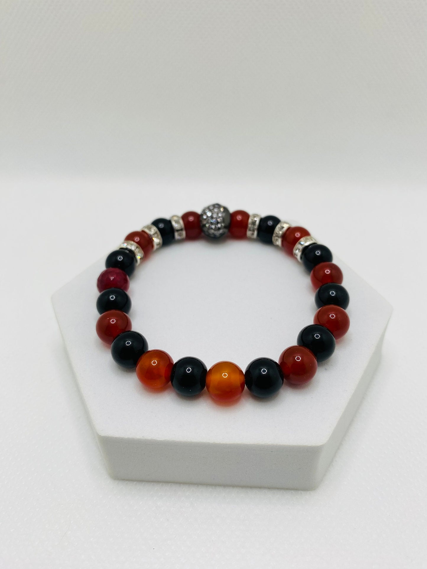 Sugar Skull Bracelet: Black Onyx, Red Carnelian, Rhinestone Rondelles
