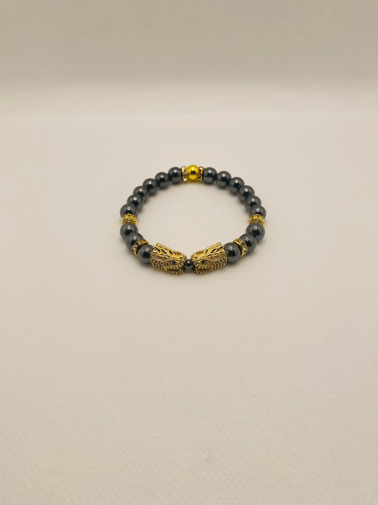 Hematite Dragon Bracelet: Gold Plated Charm, Rhinestone Spacers
