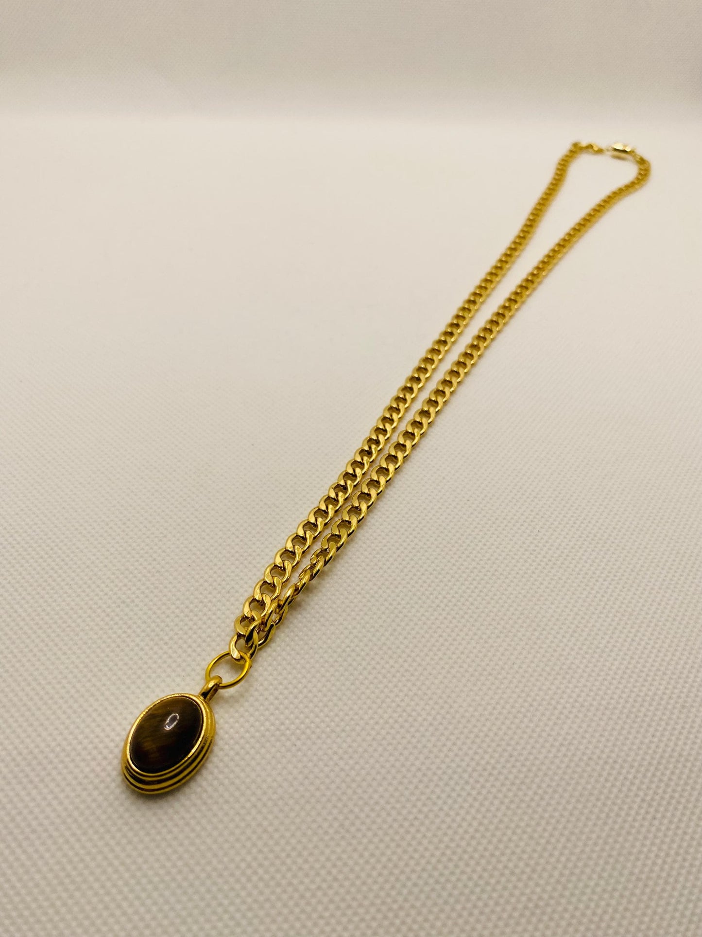 Gold Plated Tigers Eye Pendant Necklace: Cuban Link Chain