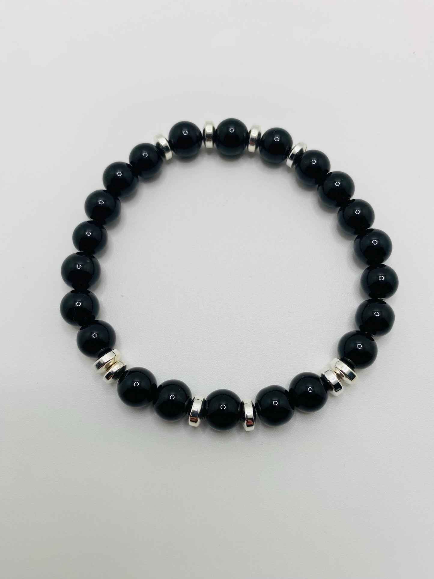 Black Onyx Beaded Bracelet for Men: Silver Plated Accents