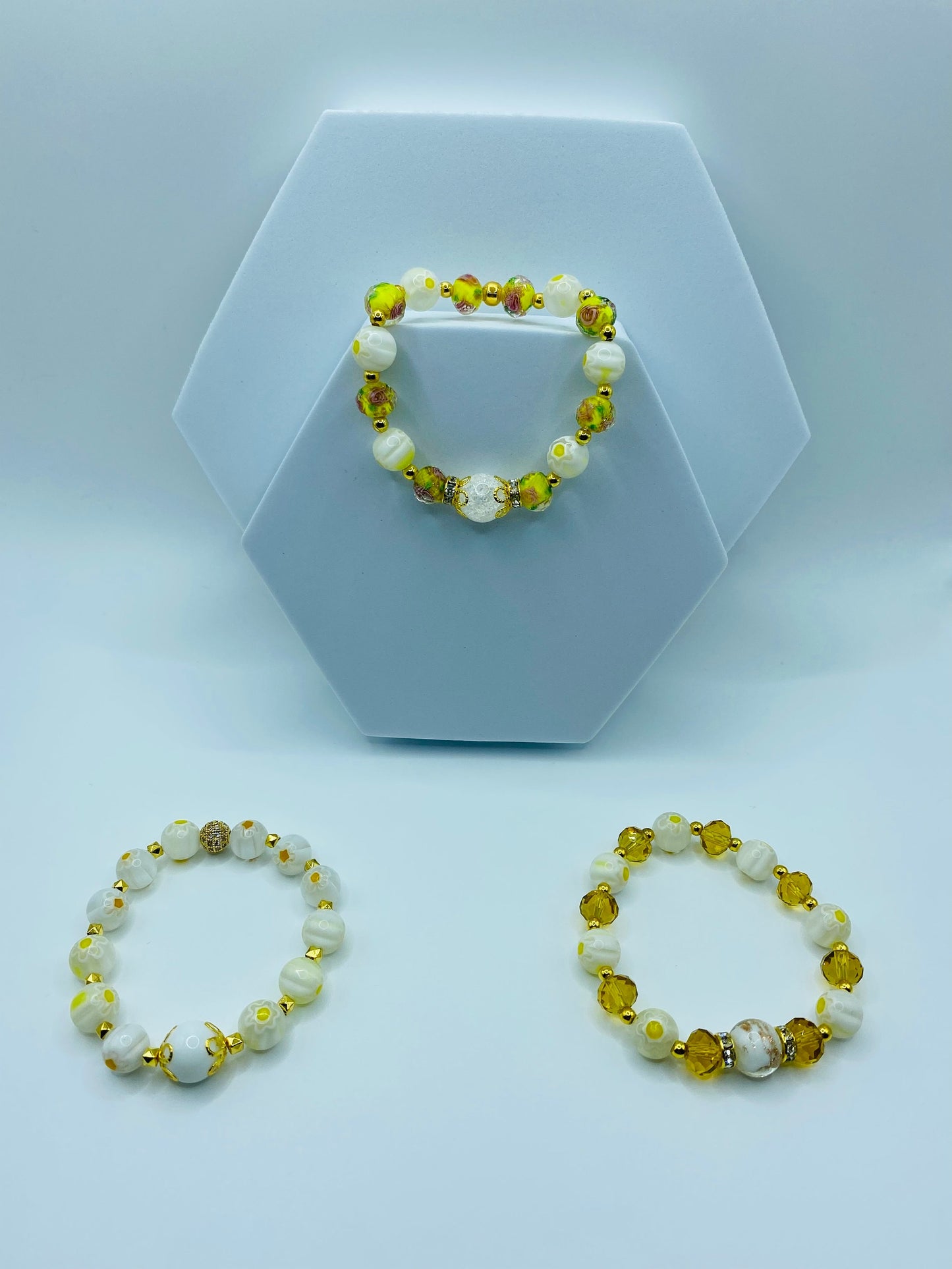 Lampwork Glass Bead Bracelet: Boho Floral Jewelry, Gold Hematite Accent