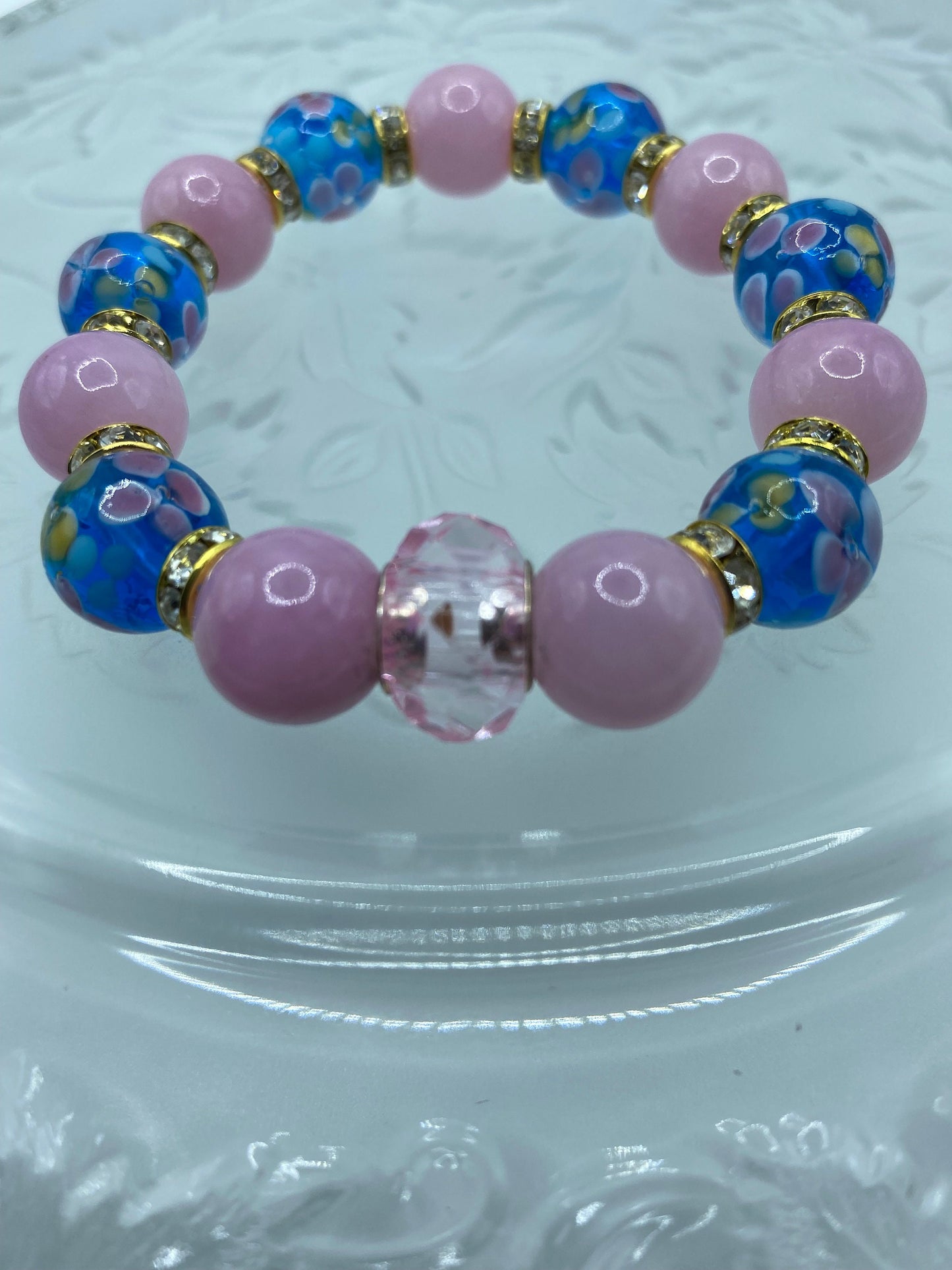 Lavender Jade Bracelet: Blue Floral Lampwork Glass & Crystal