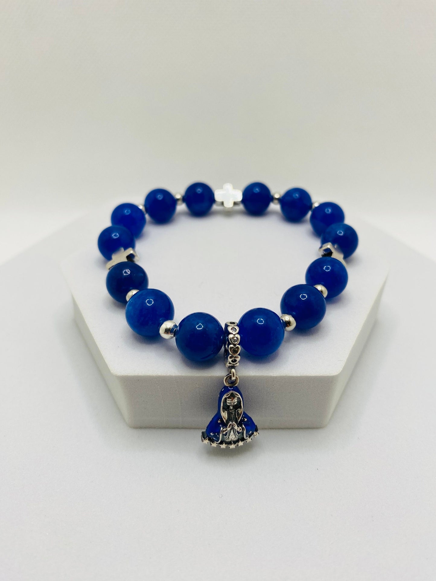 Blue Kyanite Gemstone Bracelet: Virgin Mary Charm, Cross Beads