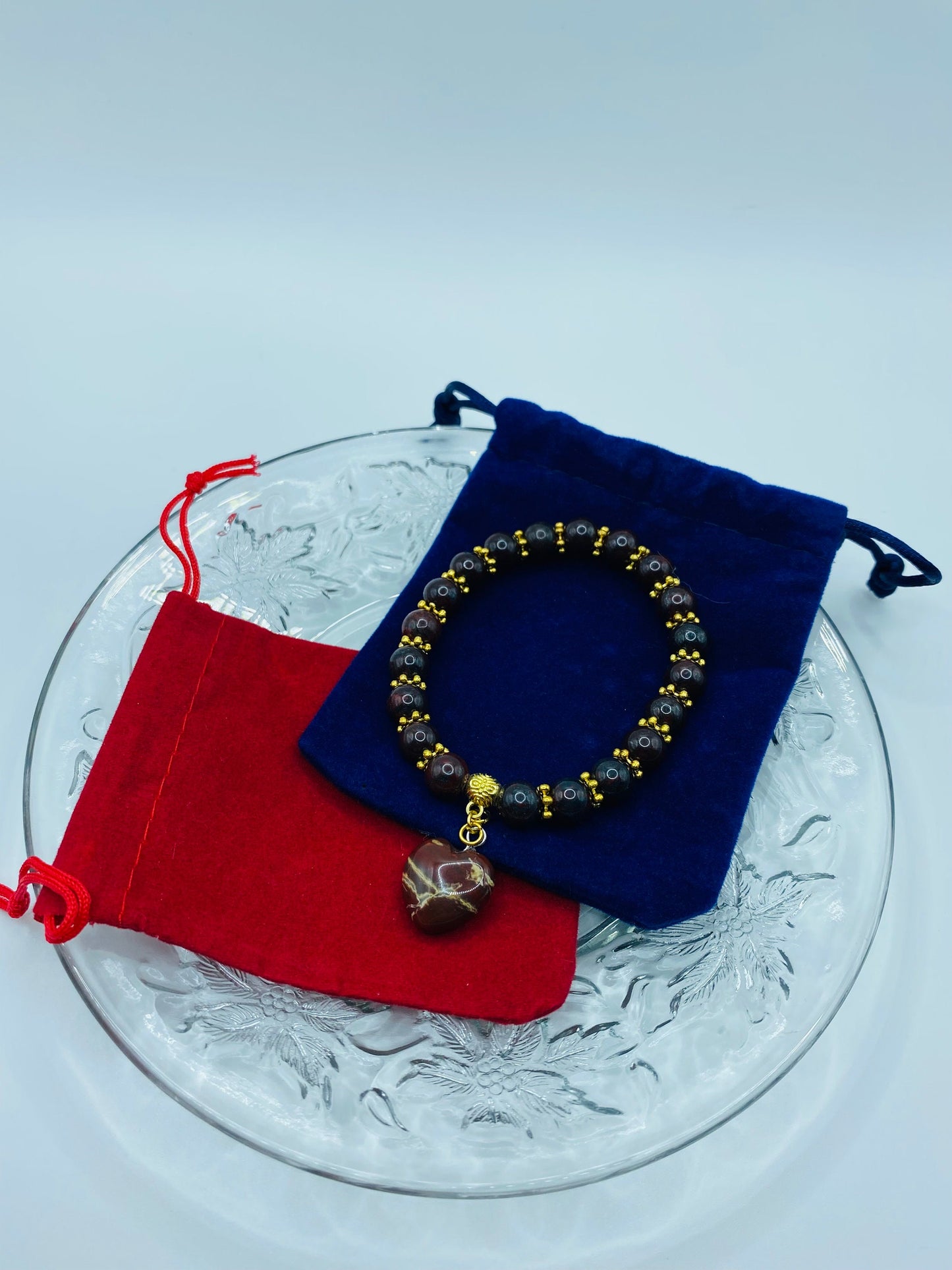 Poppy Jasper Heart Pendant Bracelet: Gold Accents, Gemstone Beads