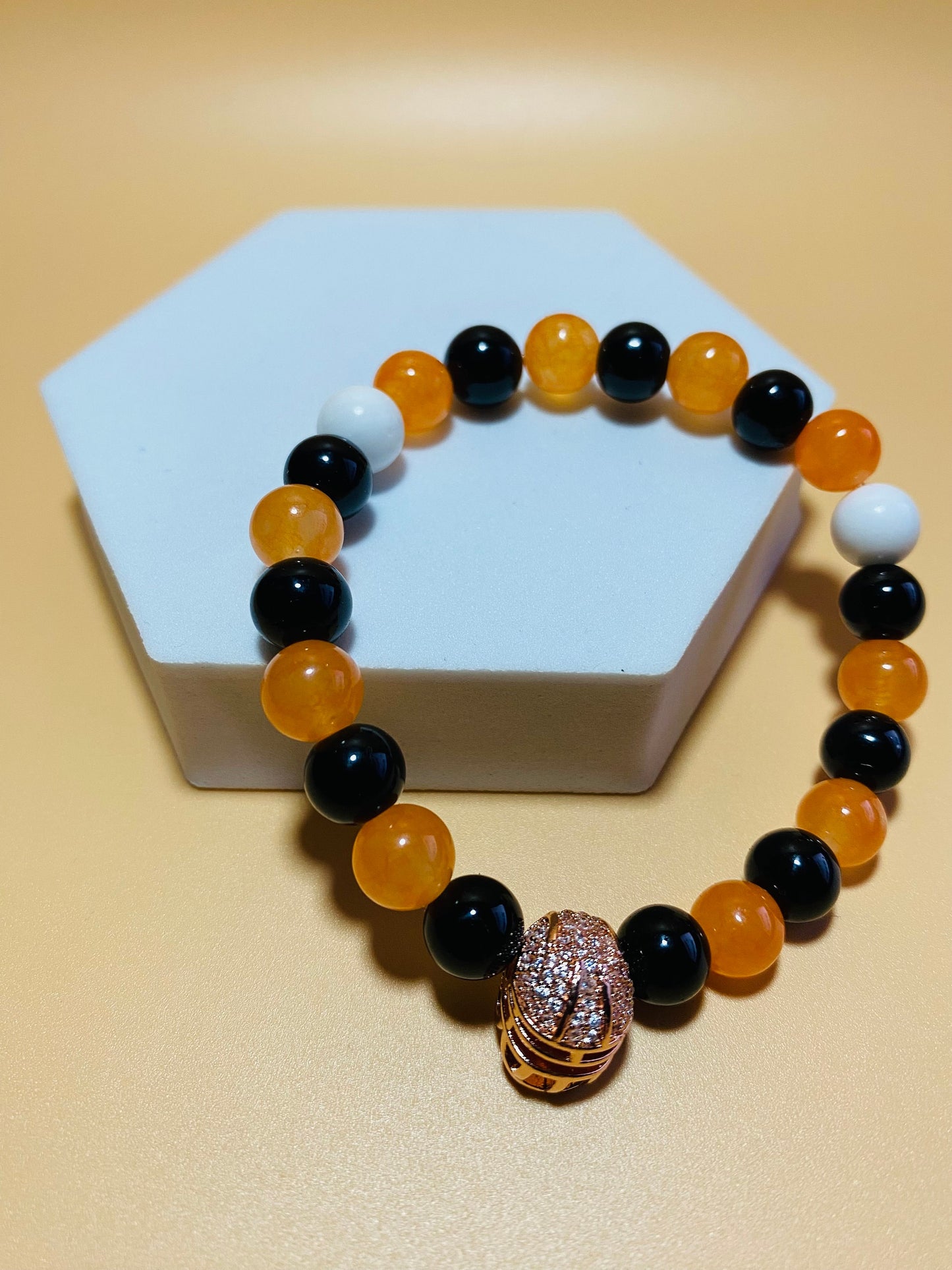 Cincinnati Bengals Bracelet: Onyx & Jade Gemstone Beads with Football Helmet