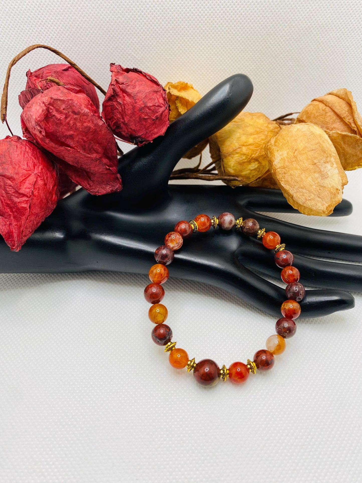 Mens Red Jasper Beaded Bracelet: Agate Gemstone, Tibetan Jewelry