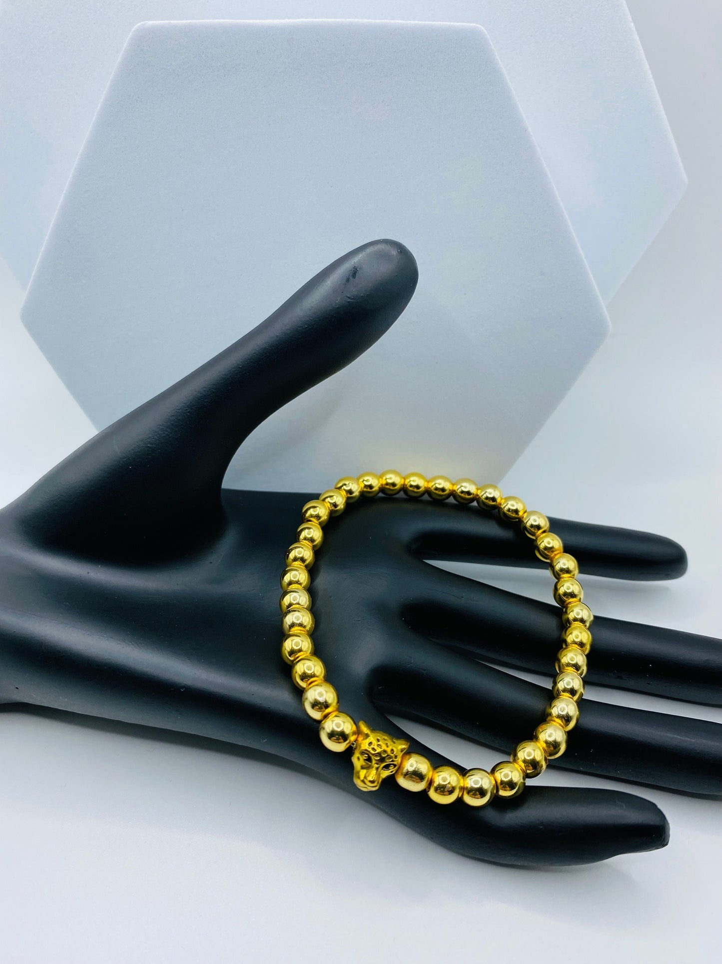 18K Gold Plated Tennis Bracelet: Hematite Beads & Leopard Charm