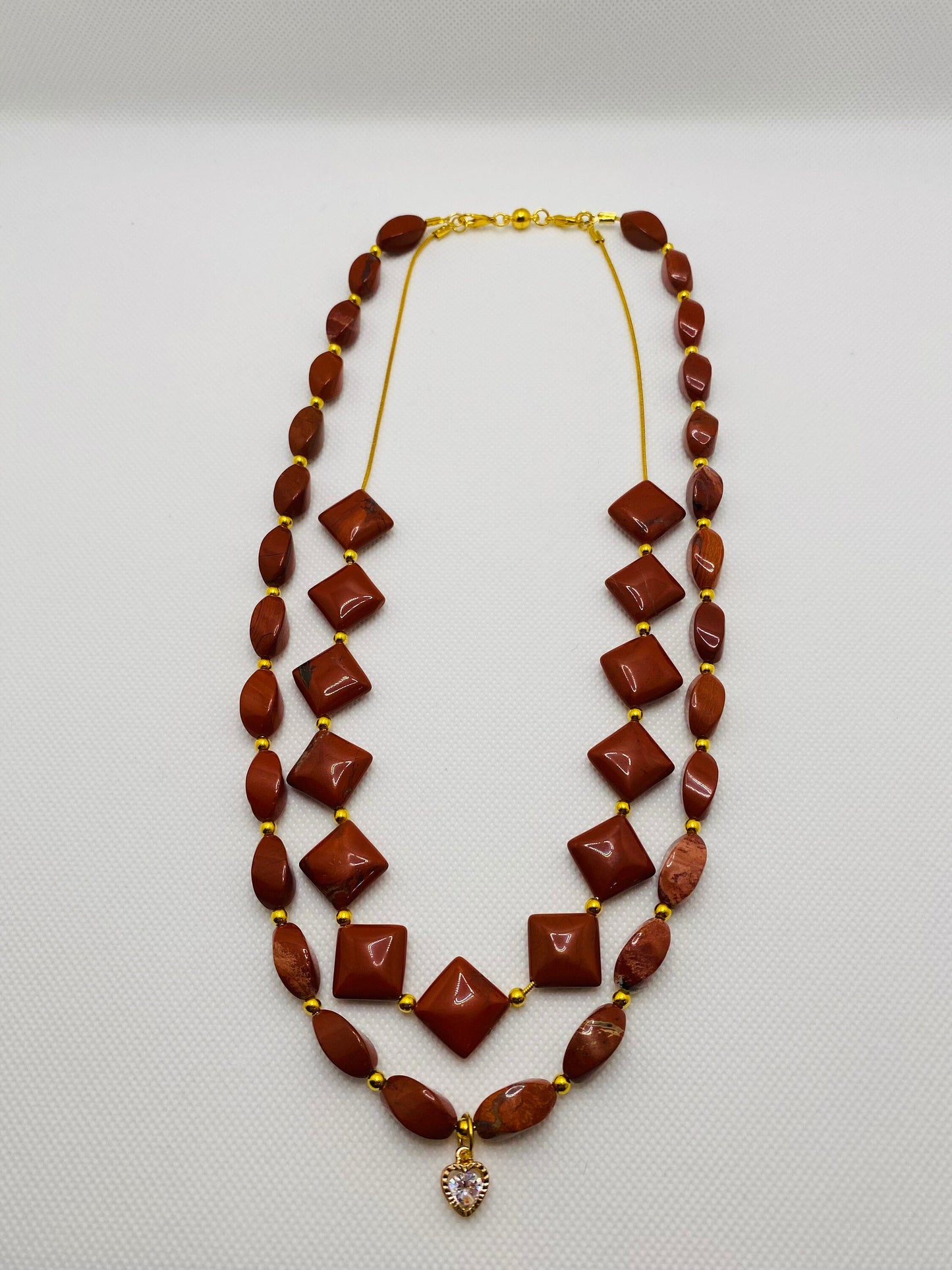 Necklaces for women Handmade Jewelry - Twisted, Diagonal Red Jasper - Gold Jewelry Beads - Heart Necklace