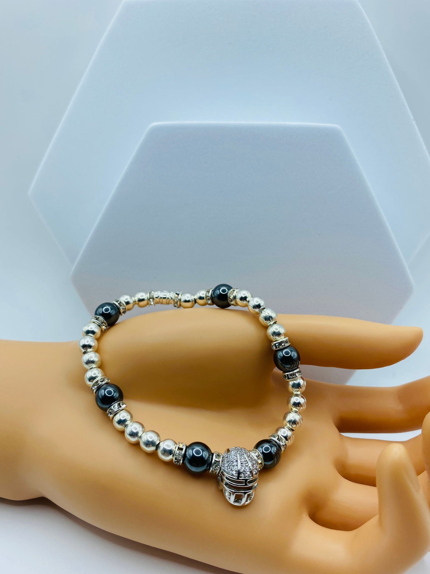 Las Vegas Raiders Bracelet: Hematite Beads, CZ Football Helmet
