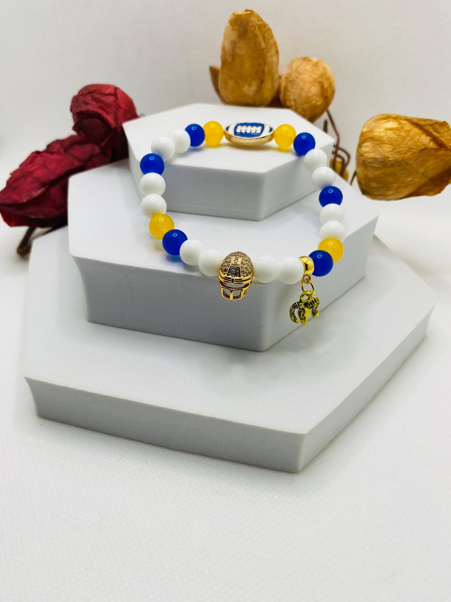 Los Angeles Rams Bracelet: Agate & Kyanite Gemstone Beads, Football Charm