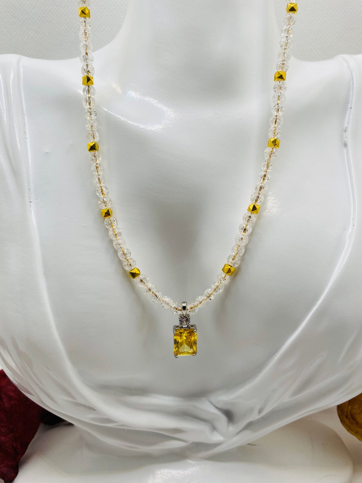 Citrine Pendant Necklace: 14k Gold Chain, Quartz Crystal Beads