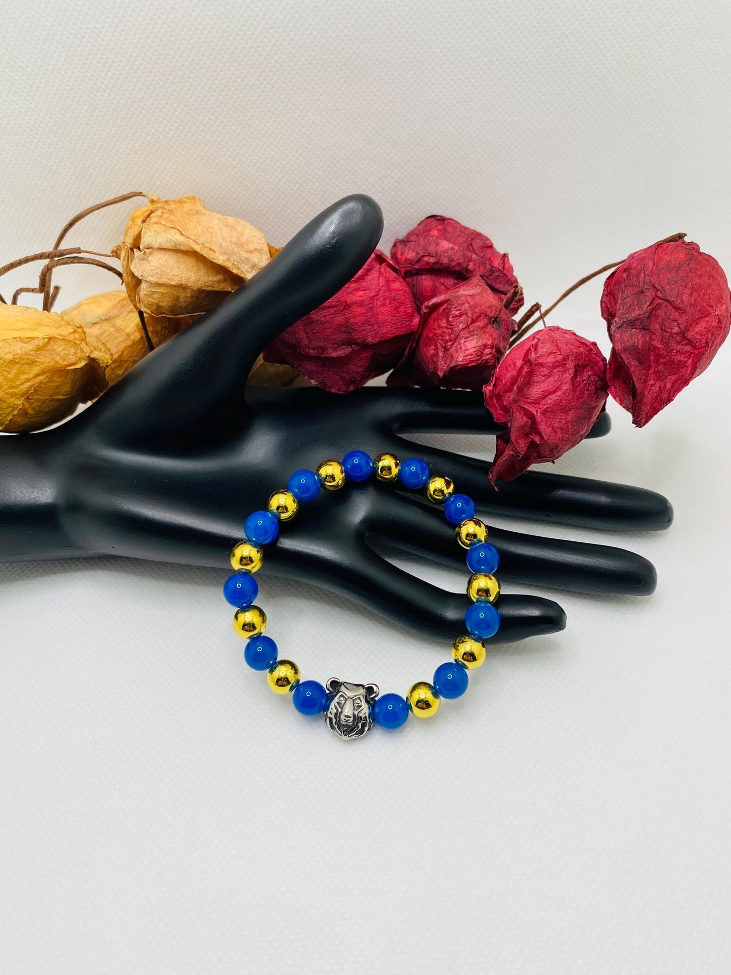 UCLA Bruins Bracelet: Blue Agate, Gold Hematite, Bear Charm