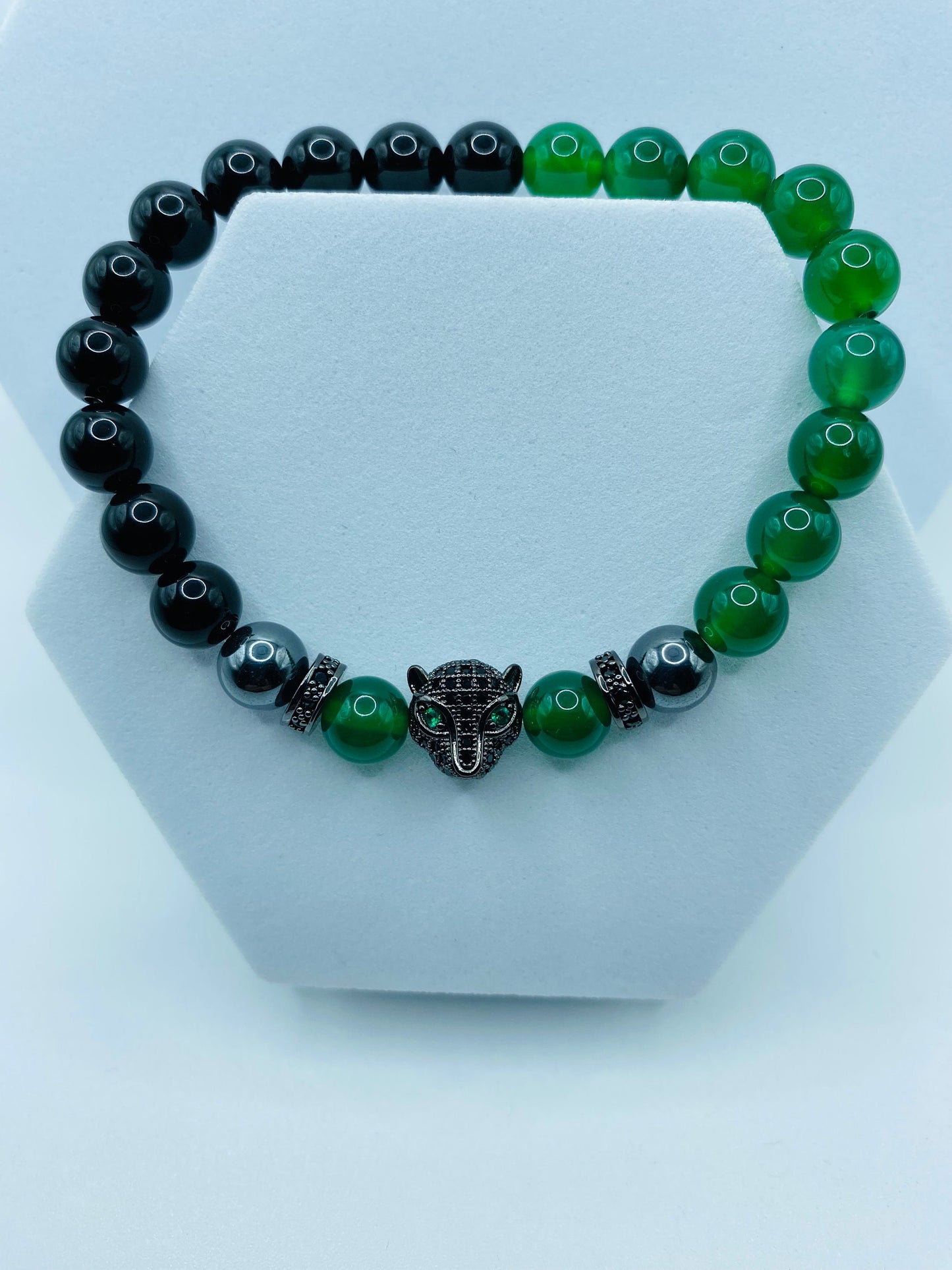 Handmade Black Panther Charm Bracelet: Onyx, Jade & Hematite Gemstone Beads