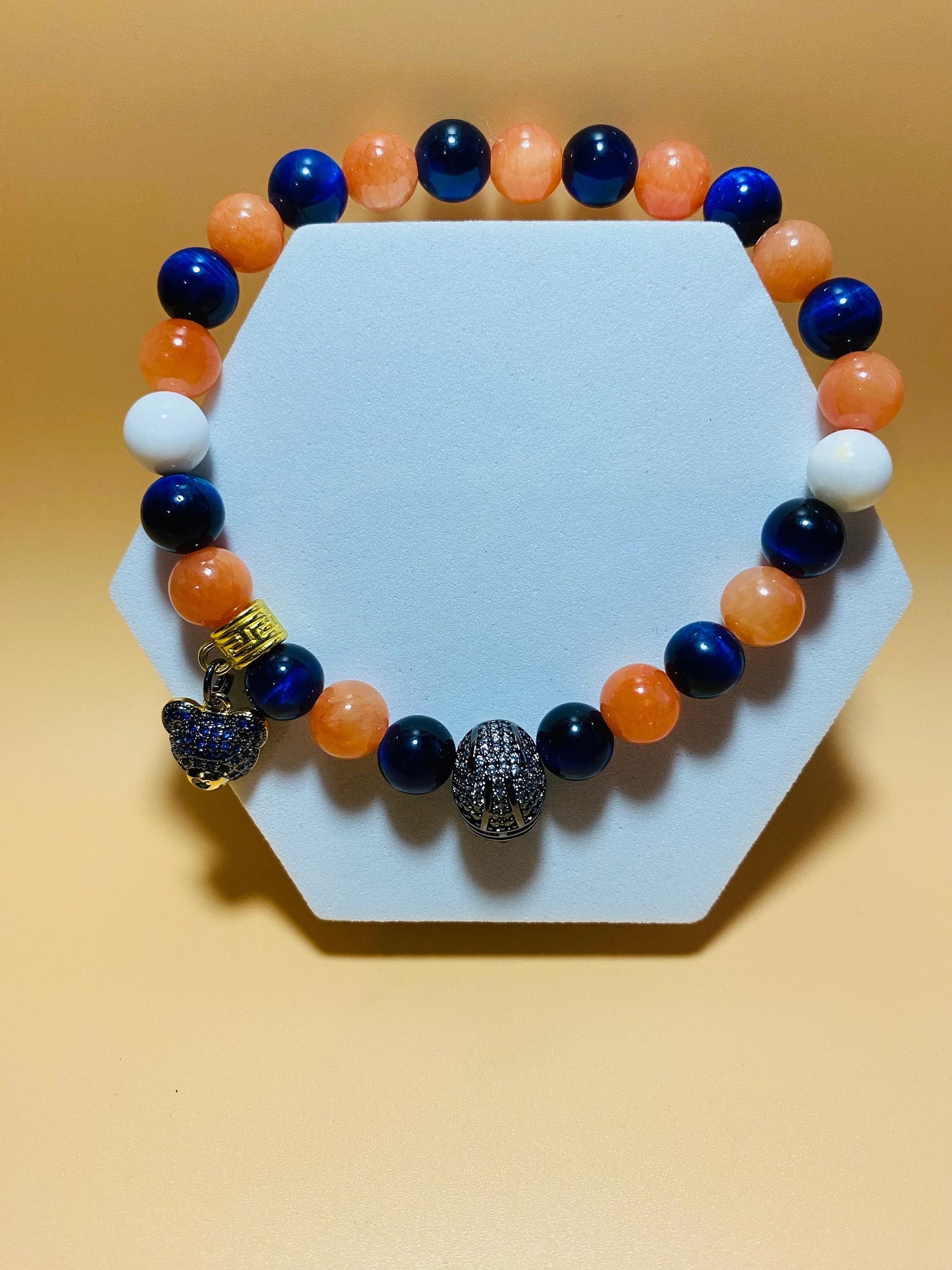 Chicago Bears Bracelet: Gemstone Beads, Bear & Football Helmet Charm