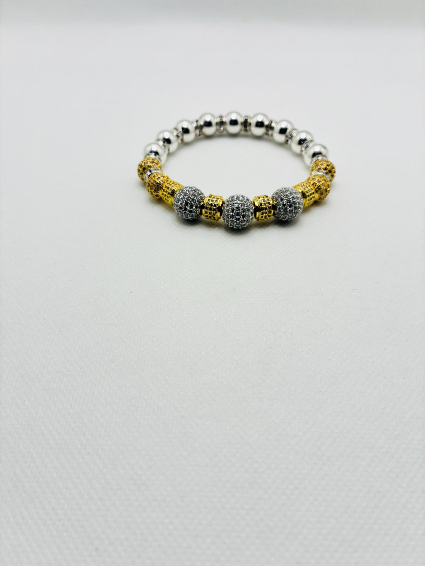 Silver Plated Hematite Bracelet with Gold-Plated and Silverplated Cubic Zirconia Beads