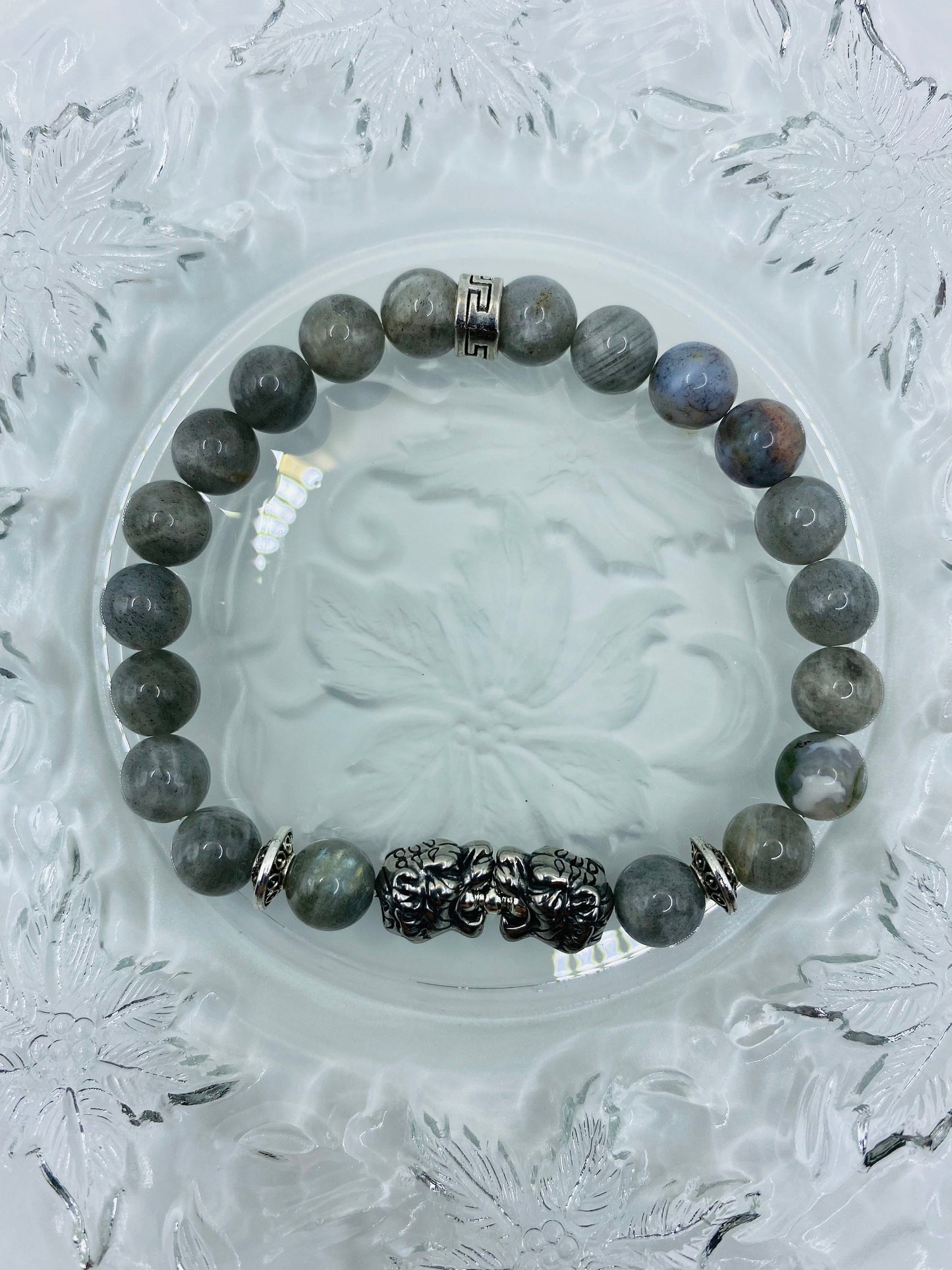 Mens Labradorite Beaded Bracelet: Stainless Steel Tiger Charm