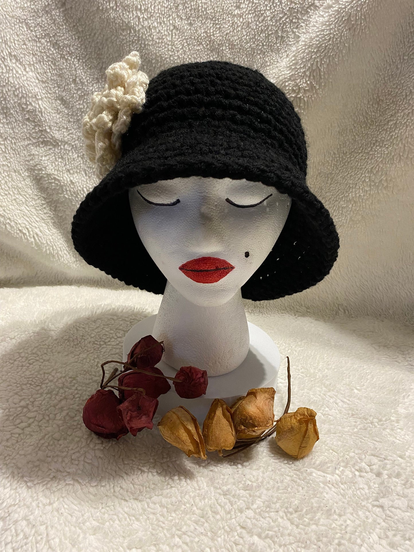 Black Crochet Bucket Hat: White Flower Accent, Handmade Acrylic