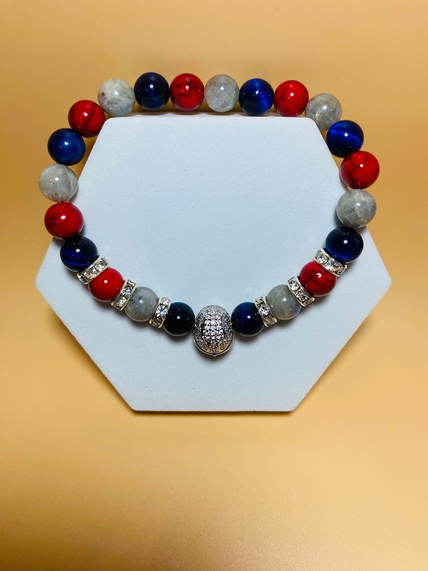 New England Patriots Bracelet: Gemstone Beads & CZ Helmet Charm