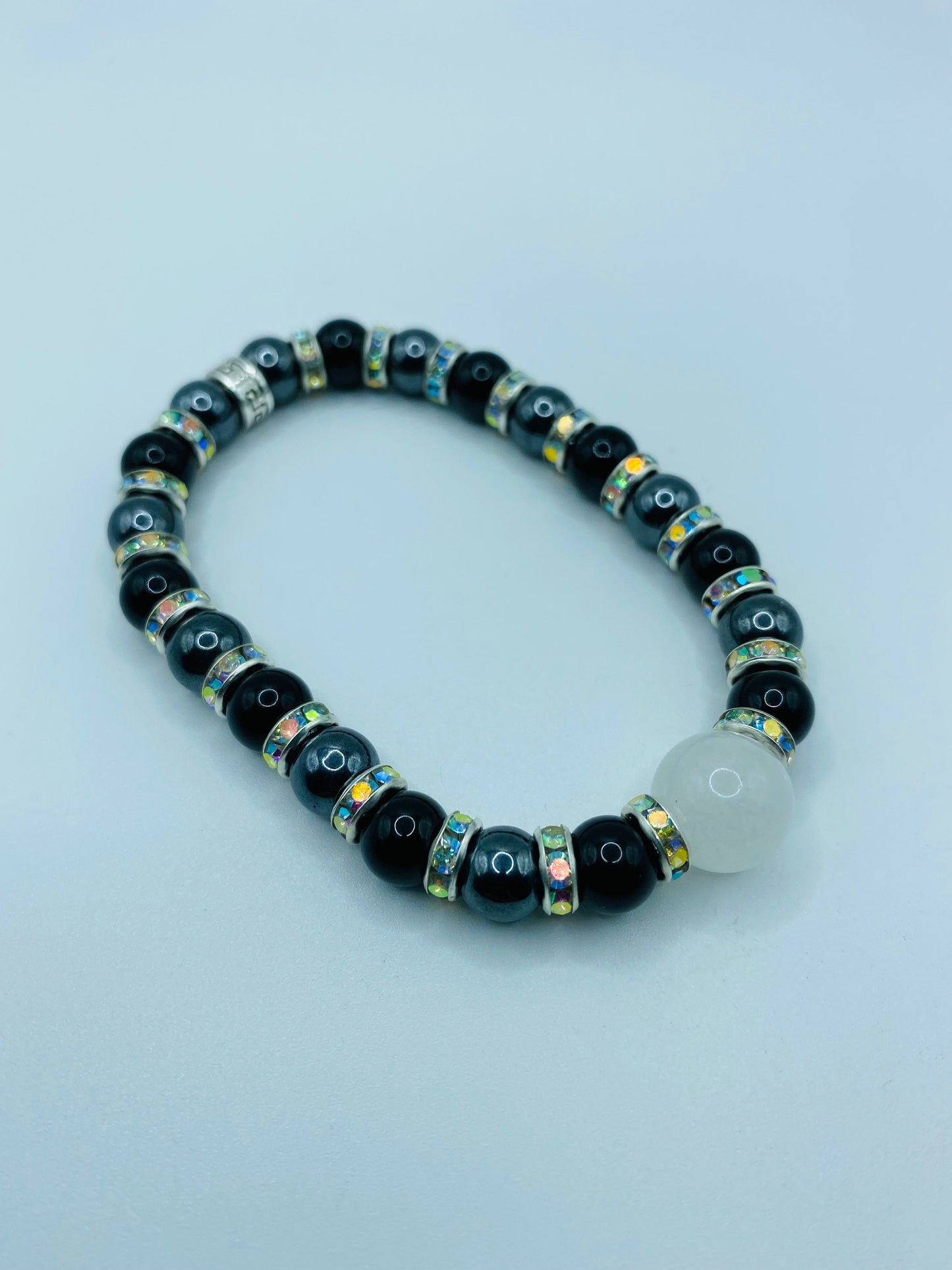 Handmade Black Onyx & Chalcedony Bracelet with Rhinestone Spacers