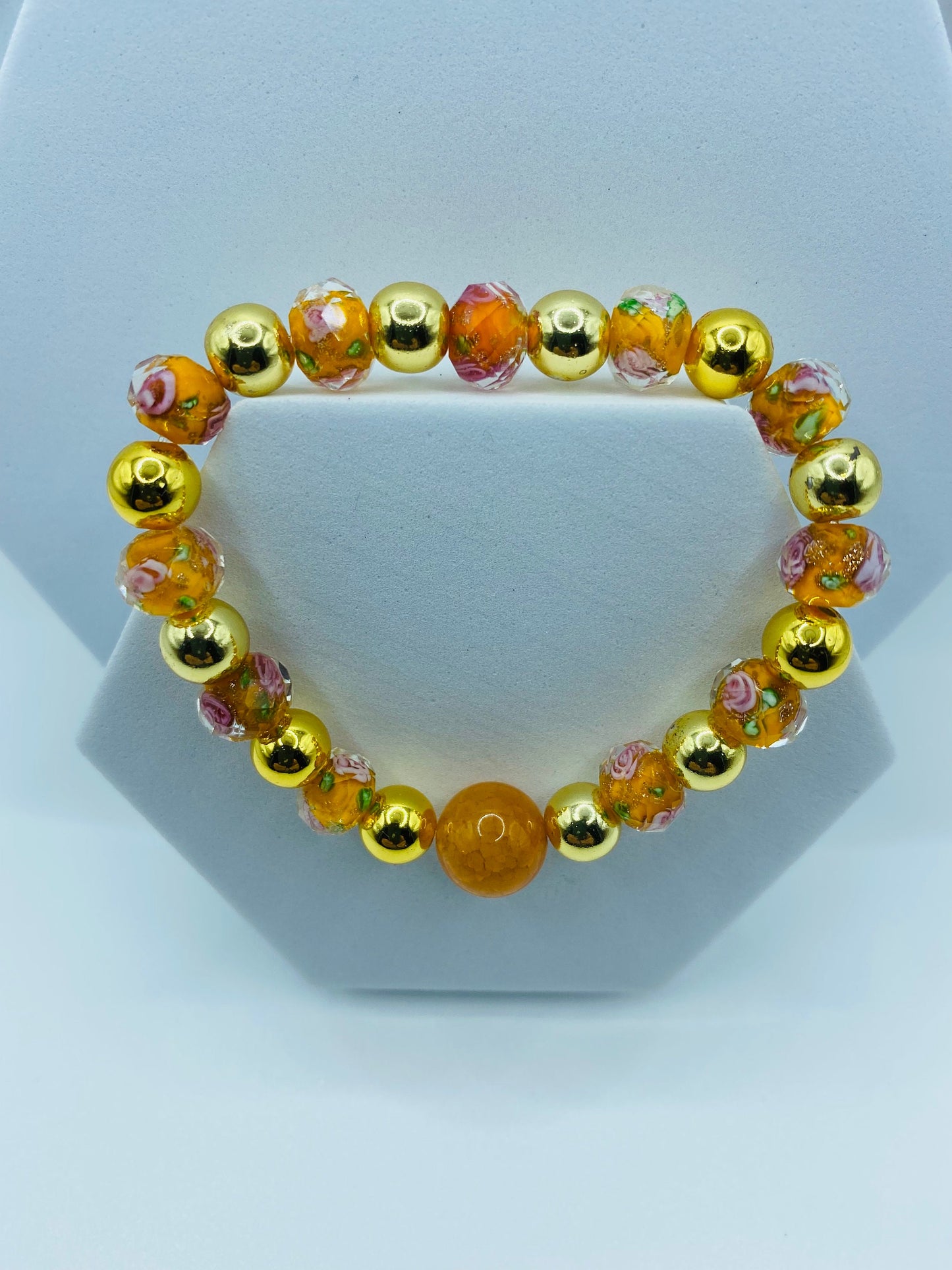 Handmade Fire Agate Bracelet: 18K Gold Hematite & Lampwork Floral Beads