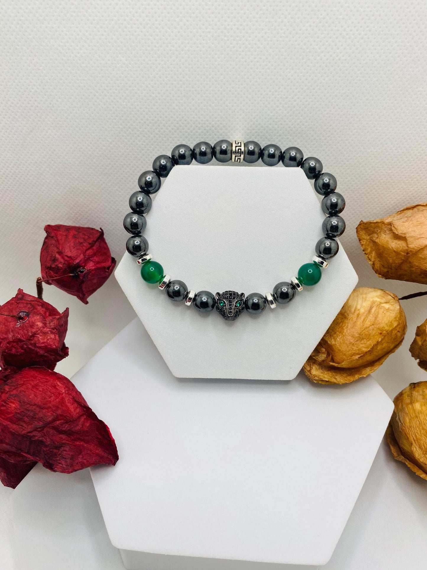 Black Panther Hematite Bracelet: Green Jade Gemstone Beads, Handmade