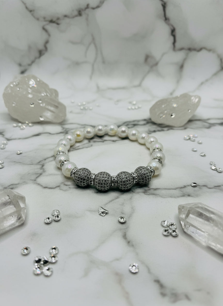 Brass Rhinestone & Zircon Beads White Gold and Snow Quartz Gemstone Bracelet: Silver Plated Rondelles