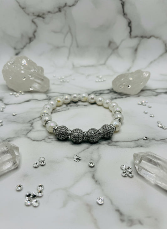 Brass Rhinestone & Zircon Beads White Gold and Snow Quartz Gemstone Bracelet: Silver Plated Rondelles