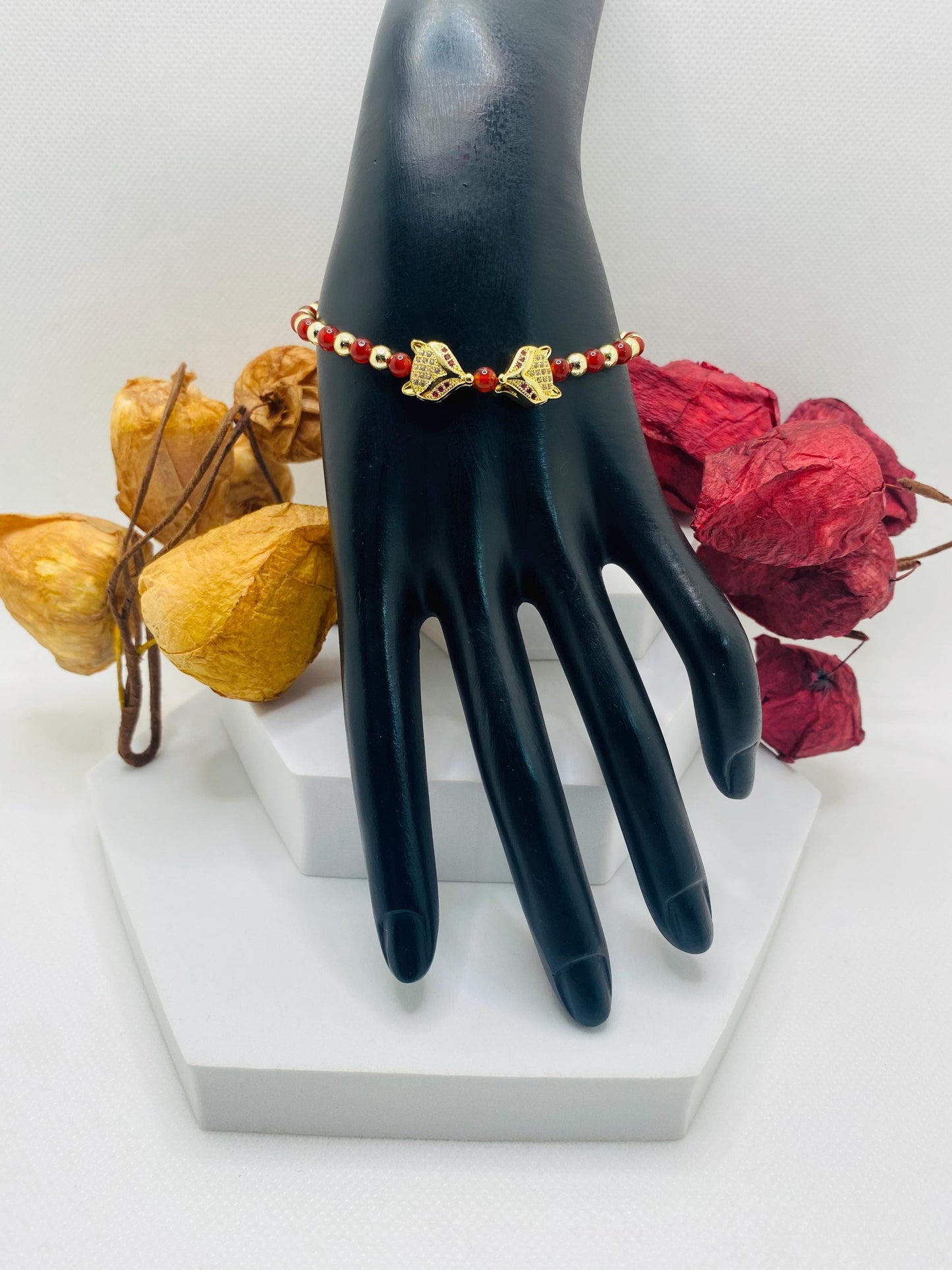 Fox Charm Bracelet: Carnelian, Gold Hematite & Cubic Zirconia