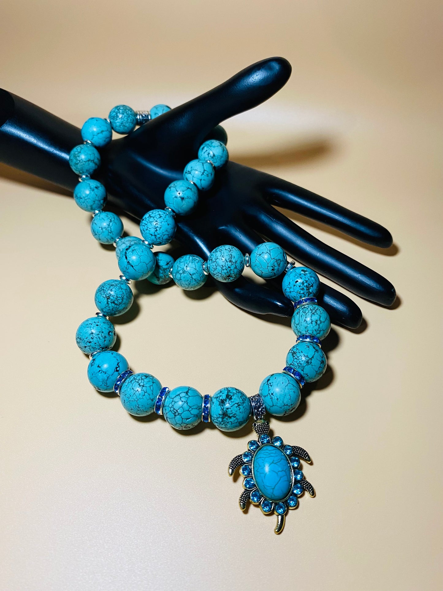 Turquoise Sea Turtle Necklace: Rhinestone Pendant, Boho Jewelry