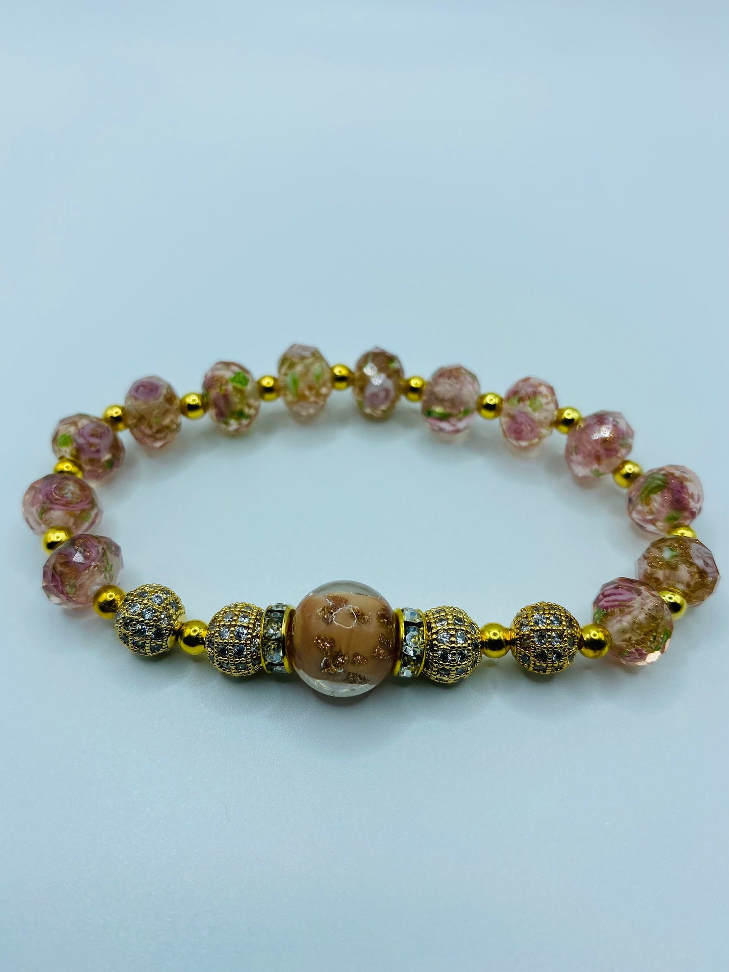 Gold Plated Hematite Bracelet: Pink Lampwork Murano Glass Floral Beads