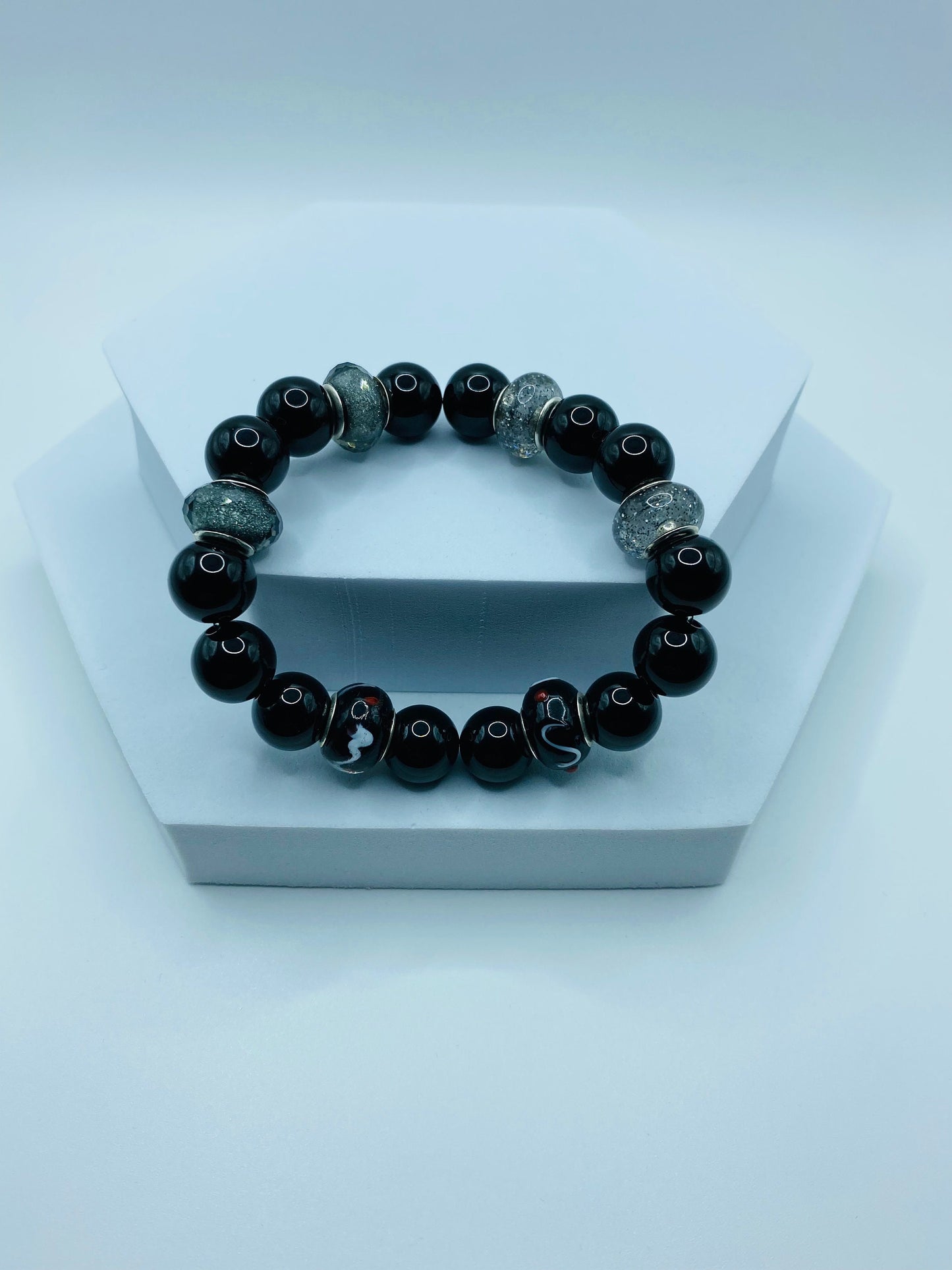 Black Onyx Bracelet: Murano Glass Beads, Chunky Gemstone Jewelry