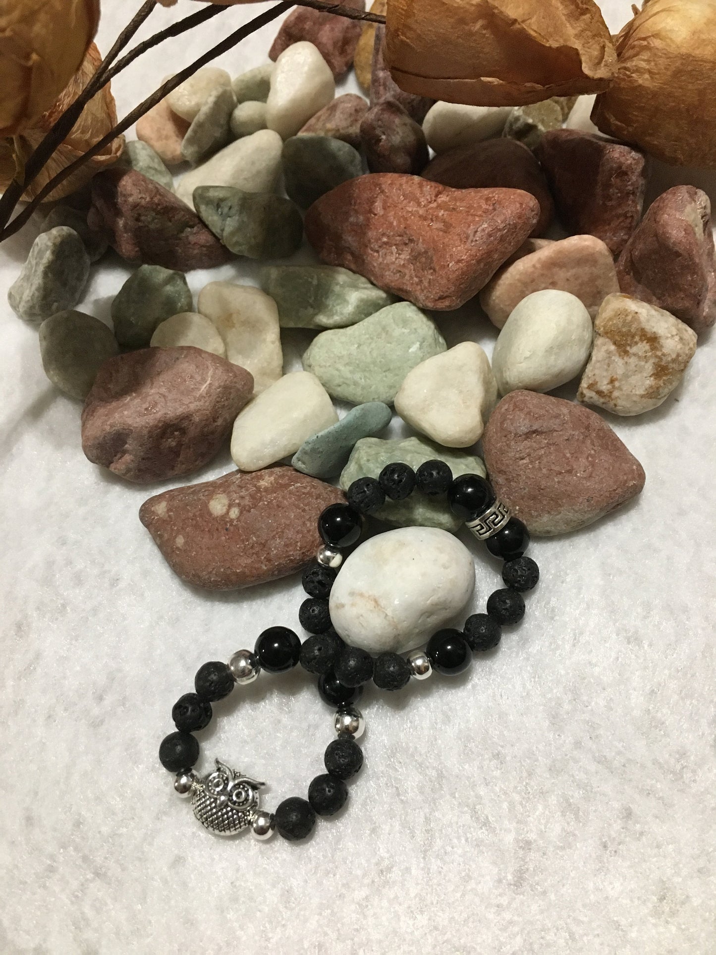 Night Owl Bracelet: Black Onyx & Lava Rock Gemstone Beads, Silver Owl Charm