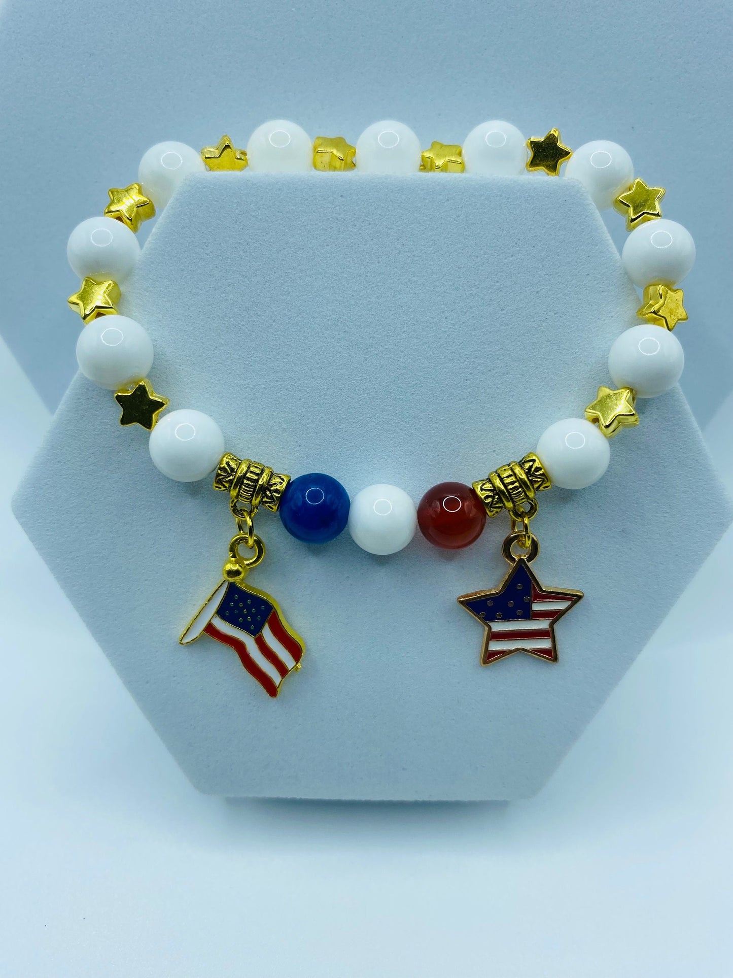 American Flag Charm Bracelet: Red Carnelian, Blue Agate, Mother of Pearl