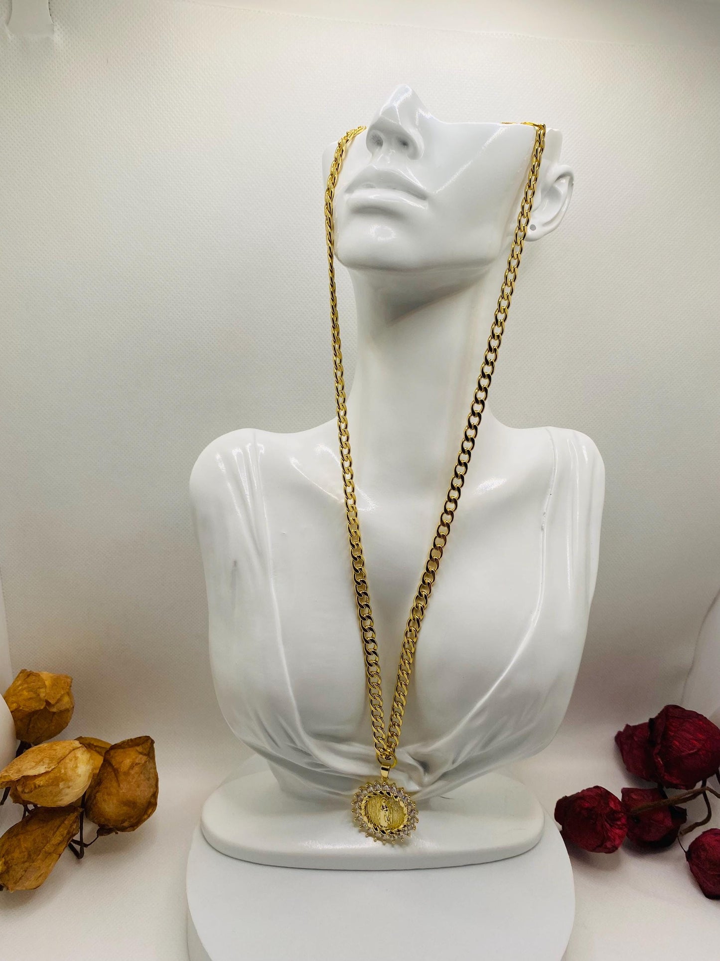 Virgin Mary Necklace: Gold Cuban Link Chain, Religious Jewelry