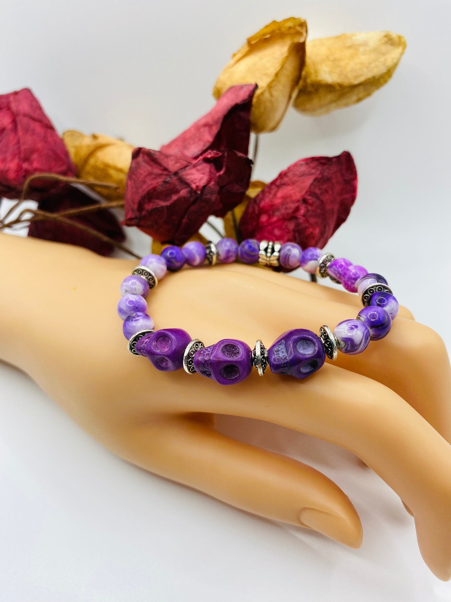 Purple Skull Charm Bracelet: Dia de Los Muertos Gemstone Jewelry