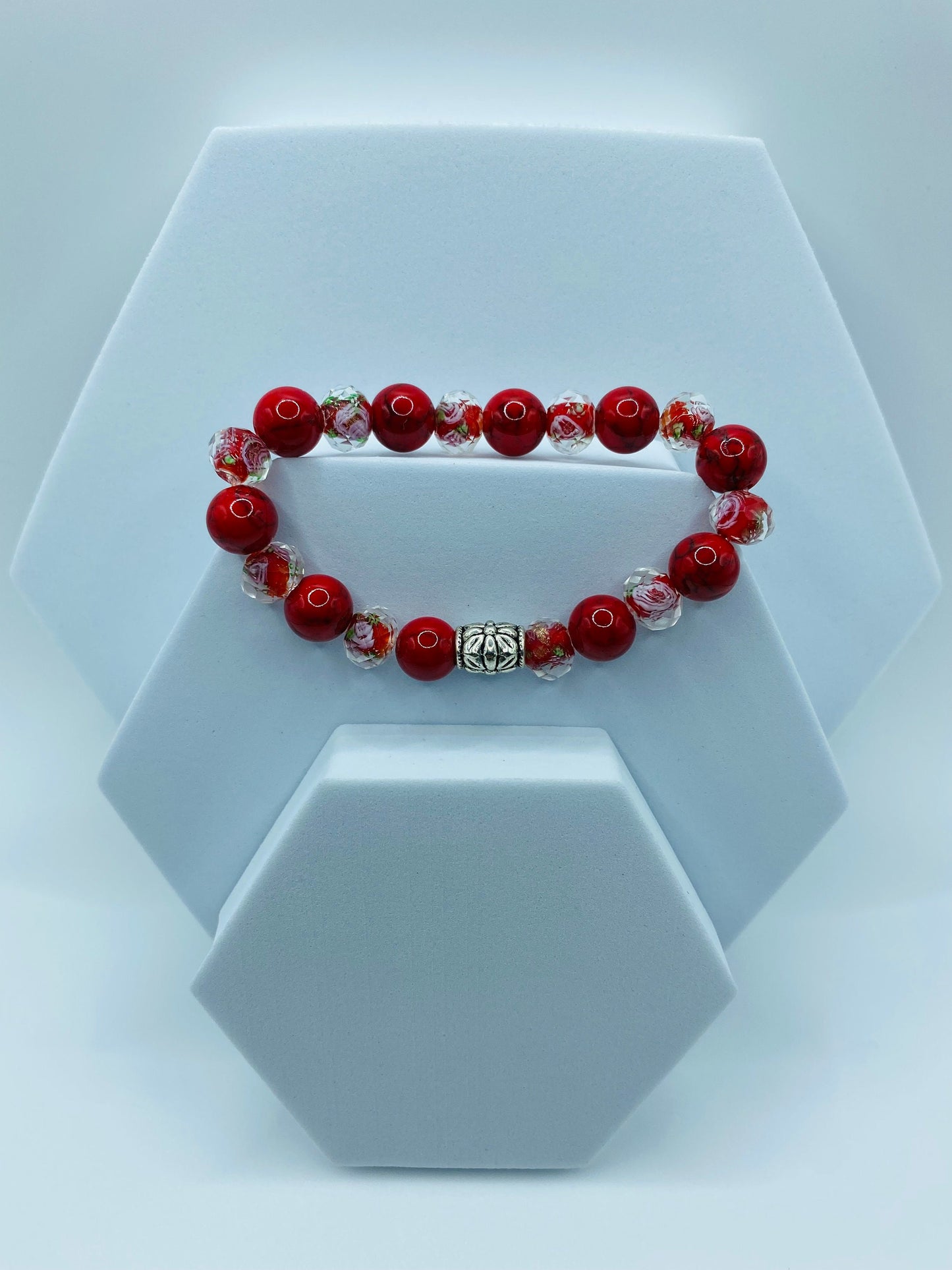 Red Turquoise Bracelet: Bohemian Lampwork Floral Glass Bead Jewelry