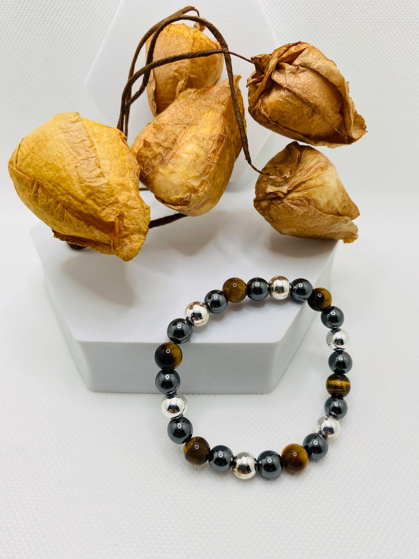 Mens Tigers Eye & Hematite Beaded Bracelet - Handmade Gemstone Jewelry