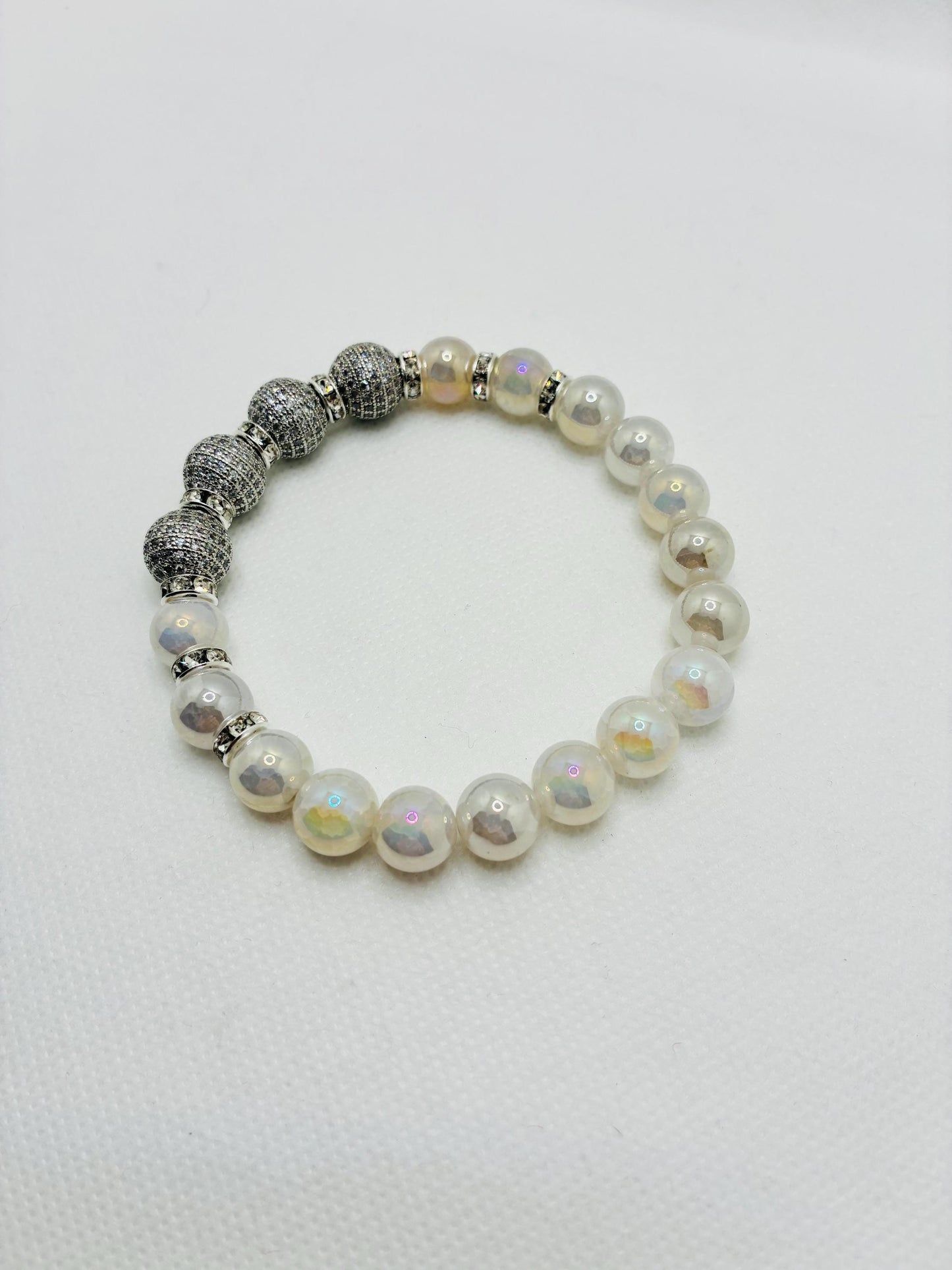 Brass Rhinestone & Zircon Beads White Gold and Snow Quartz Gemstone Bracelet: Silver Plated Rondelles
