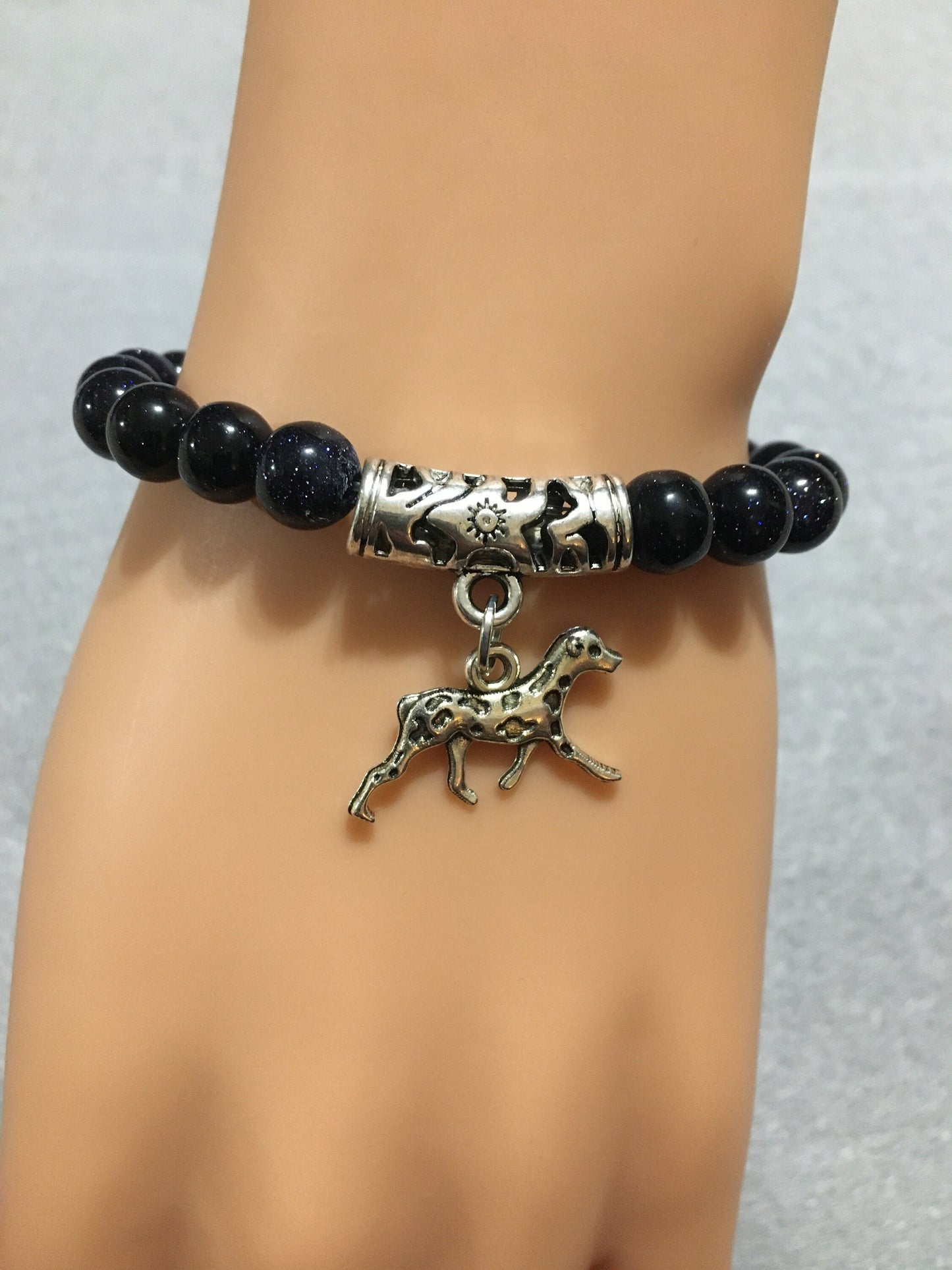 Dalmatian Dog Memorial Bracelet: Blue Sandstone Gemstone Beads, Dog Lover Gift