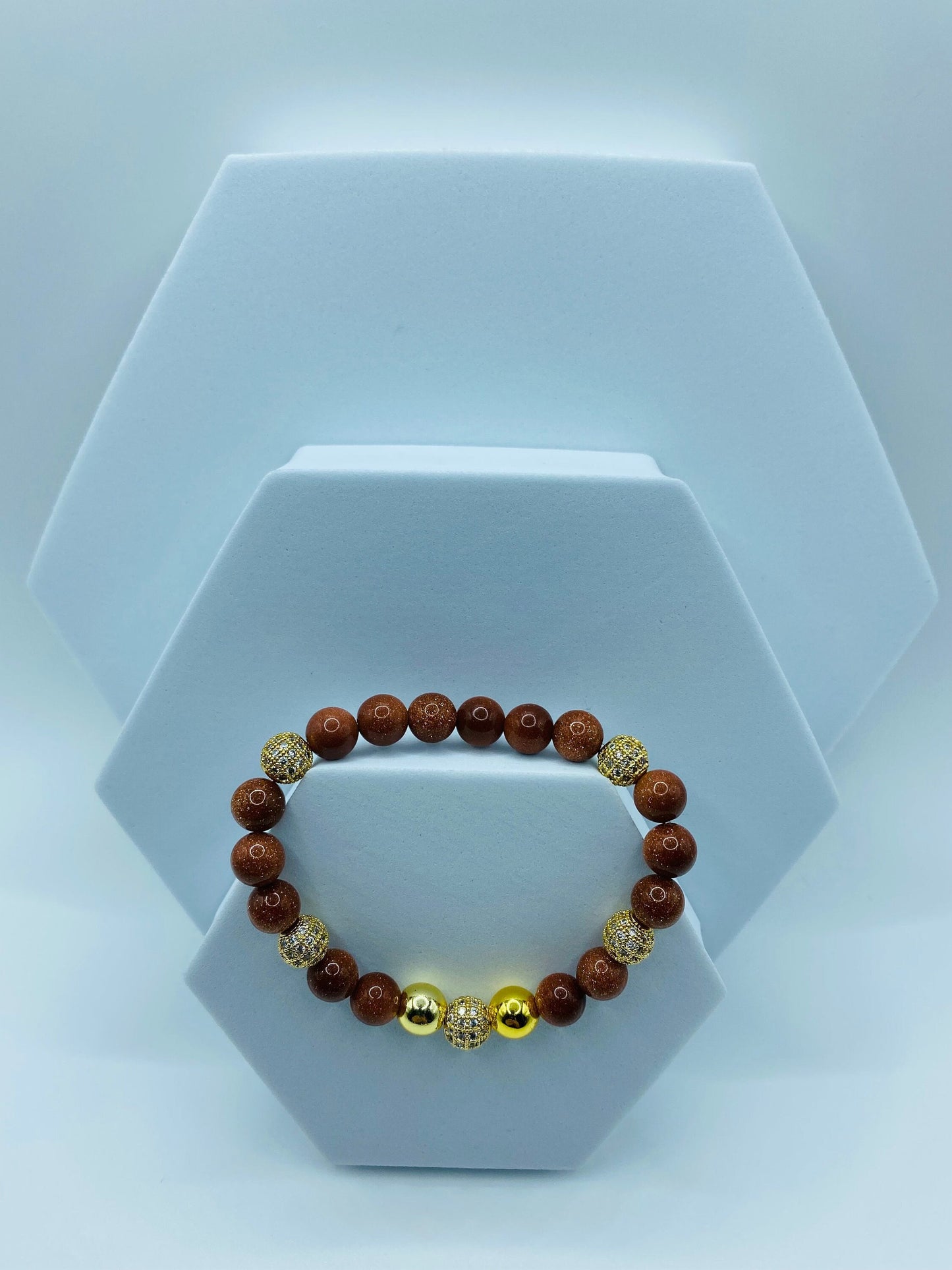 Goldstone Beaded Bracelet: 18k Gold Plated Hematite & CZ Crystals