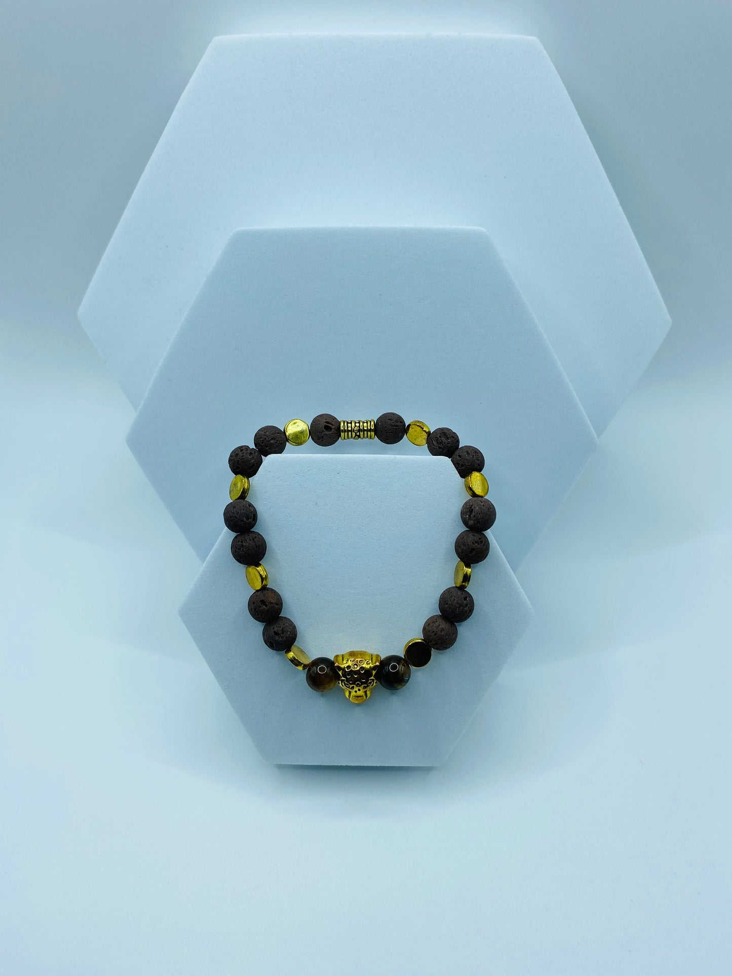 Lava Rock Bracelet: Leopard Charm, Tiger's Eye Beads, Handmade