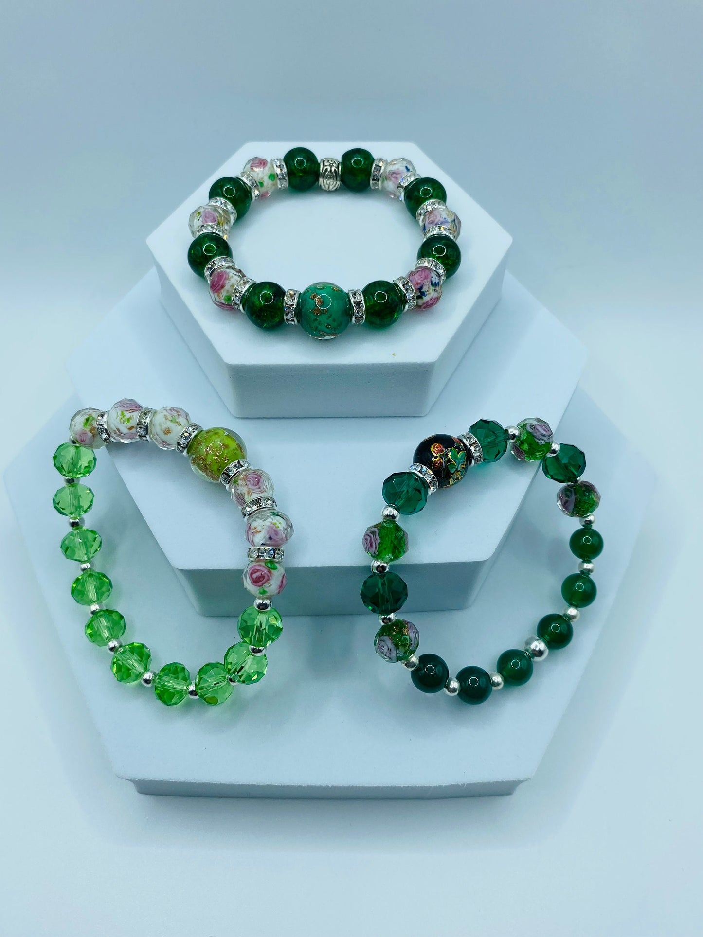 Lampwork Flower Bead Bracelet: Green Crystal, Rhinestone Accent